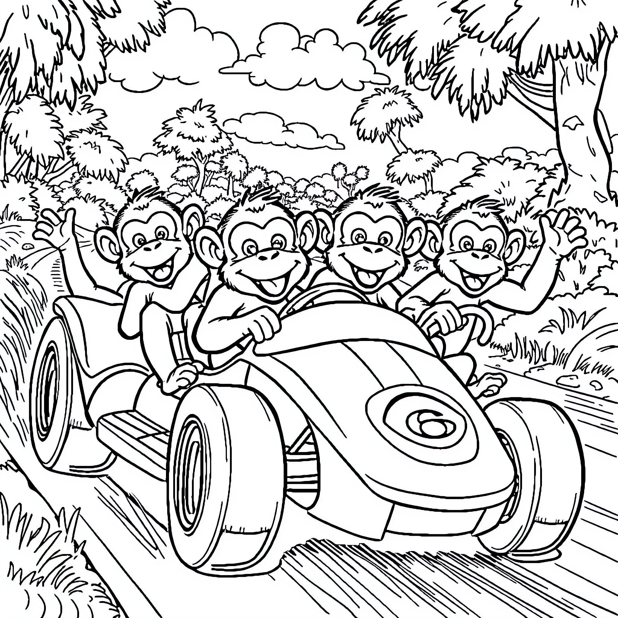 Monkeys Riding a Cartoon Car in the Forest Coloring Page (free black-and-white line drawing printable PDF for all, from beginners to advanced learners, including children, teens, adults, and seniors)