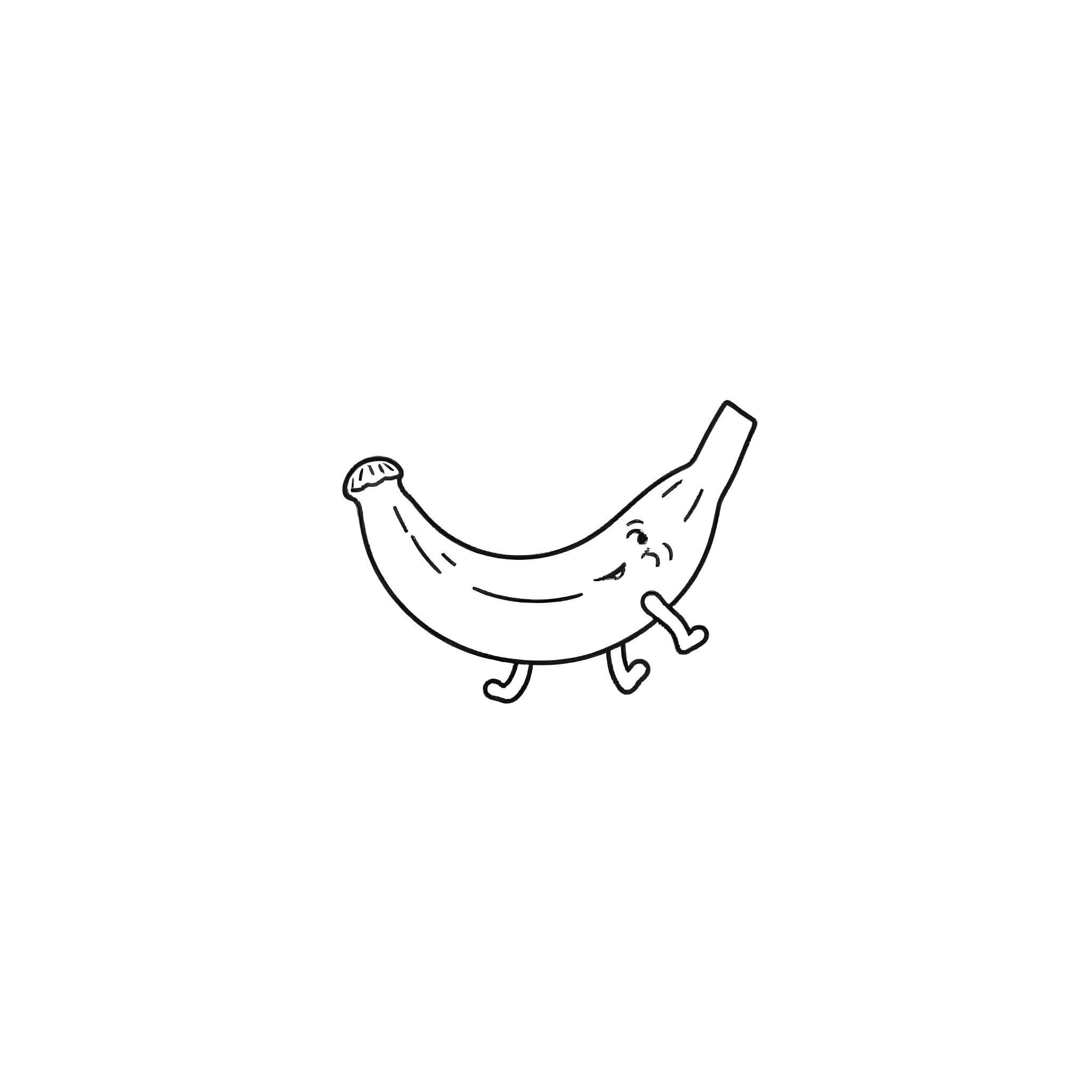 Banana dancing happily on the page Coloring Page (free black-and-white line drawing printable PDF for all, from beginners to advanced learners, including children, teens, adults, and seniors)