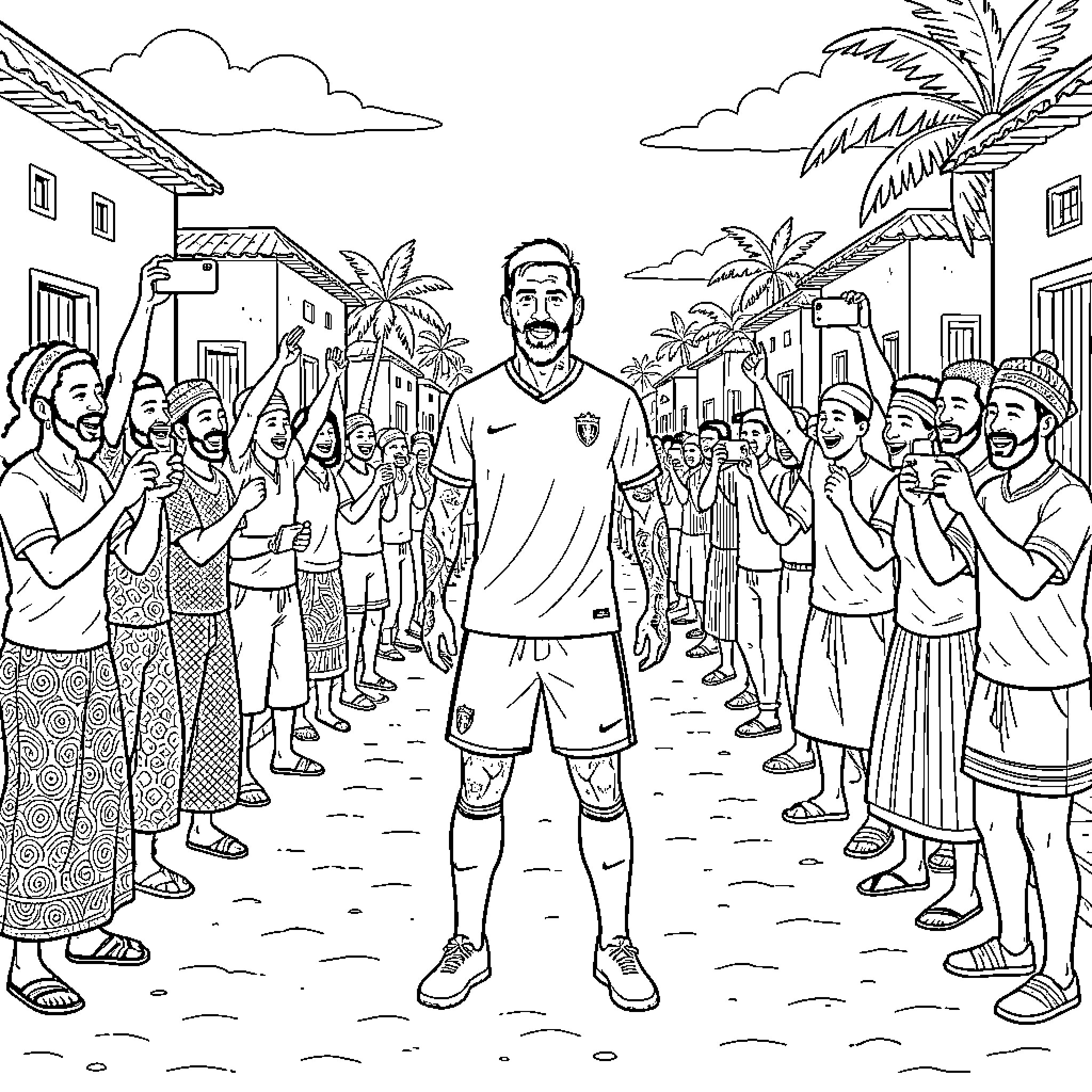 Lionel Messi walking through a crowd of cheering people Coloring Page (free black-and-white line drawing printable PDF for all, from beginners to advanced learners, including children, teens, adults, and seniors)