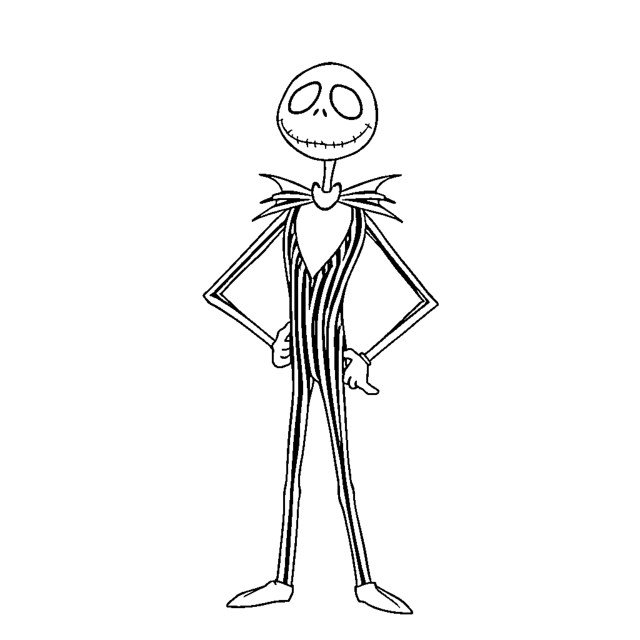 Jack Skellington standing tall in a striped suit Coloring Page (free black-and-white line drawing printable PDF for all, from beginners to advanced learners, including children, teens, adults, and seniors)