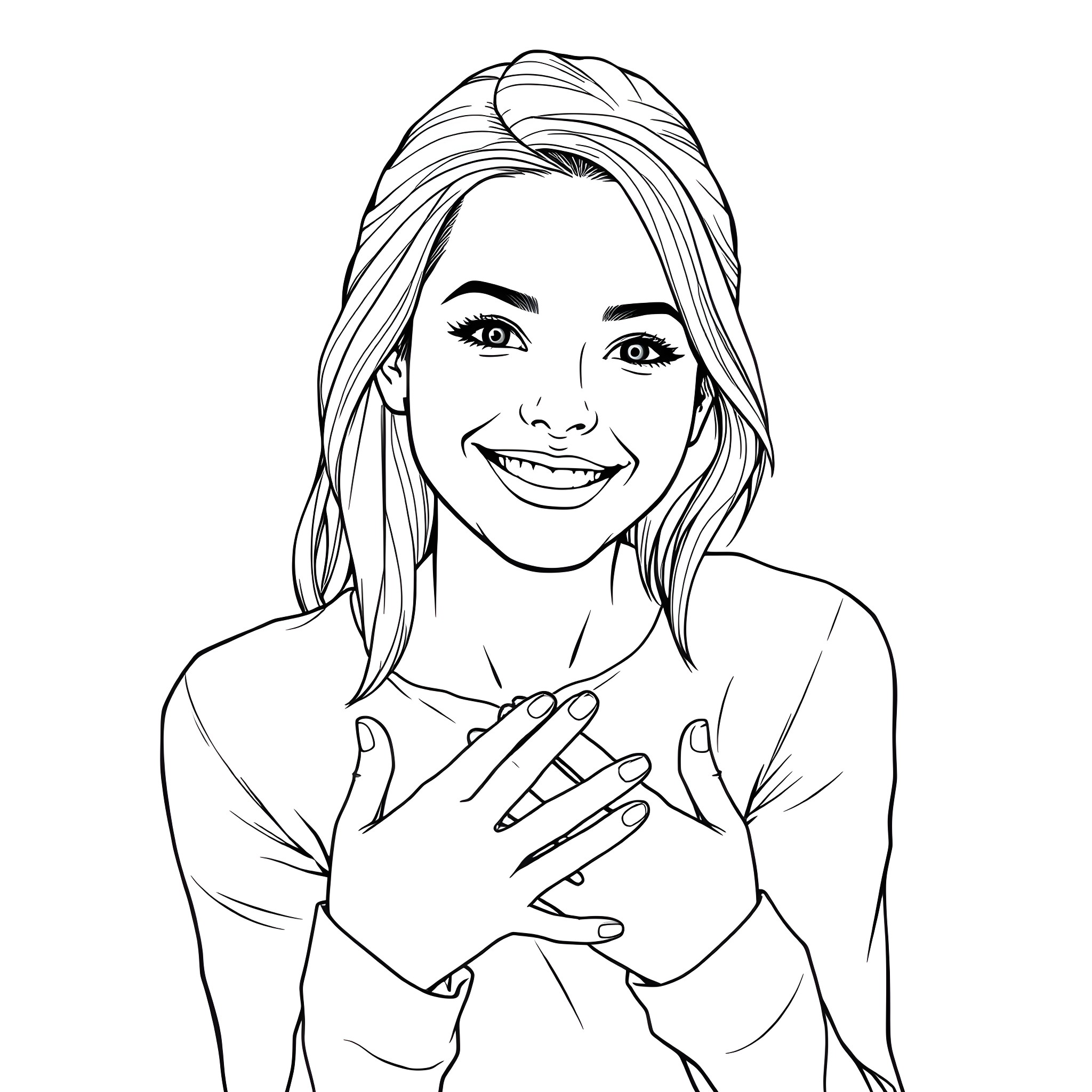 Woman expressing happiness and gratitude Coloring Page (free black-and-white line drawing printable PDF for all, from beginners to advanced learners, including children, teens, adults, and seniors)