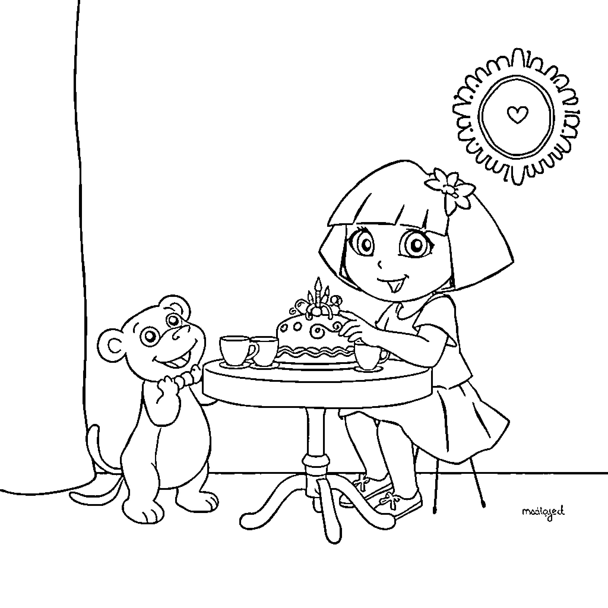 Dora and Boots enjoying a tea party Coloring Page (free black-and-white line drawing printable PDF for all, from beginners to advanced learners, including children, teens, adults, and seniors)