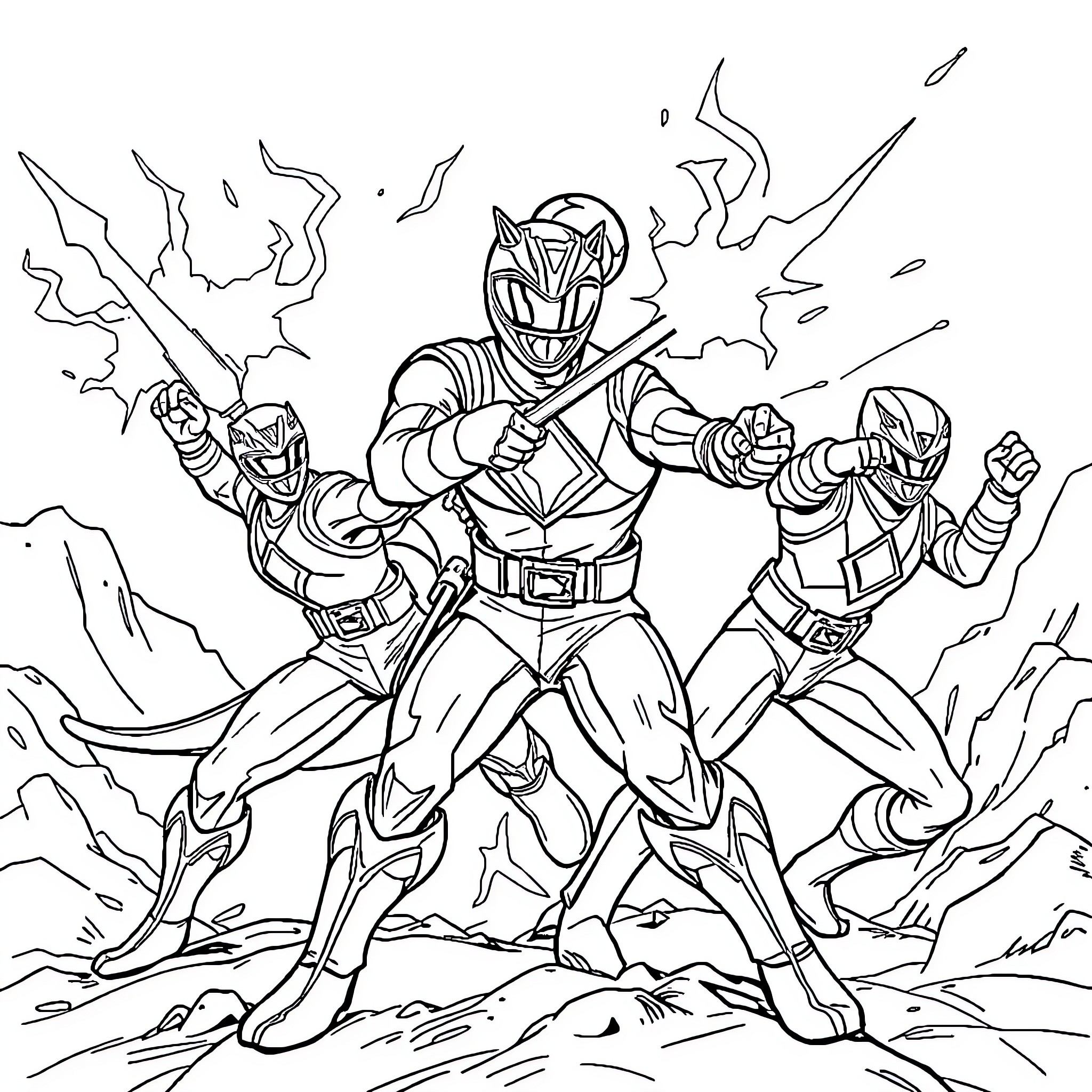Power Rangers in Action with Heroic Poses Coloring Page (free black-and-white line drawing printable PDF for all, from beginners to advanced learners, including children, teens, adults, and seniors)