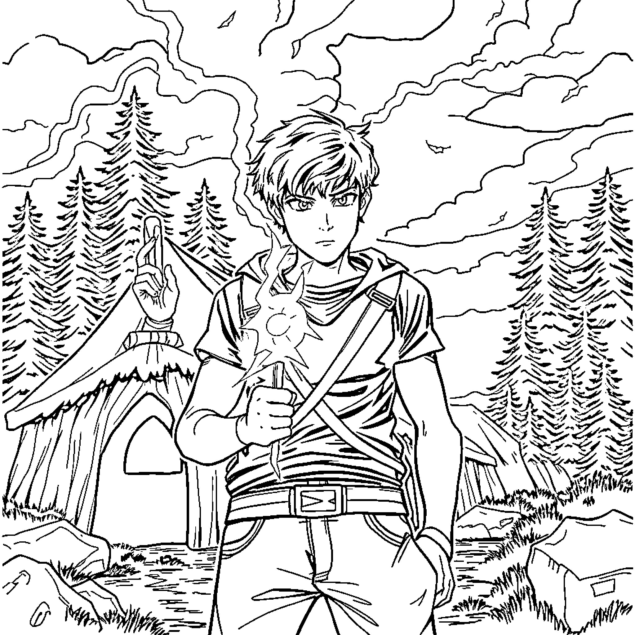 Percy Jackson in the Wilderness Adventure Coloring Page (free black-and-white line drawing printable PDF for all, from beginners to advanced learners, including children, teens, adults, and seniors)