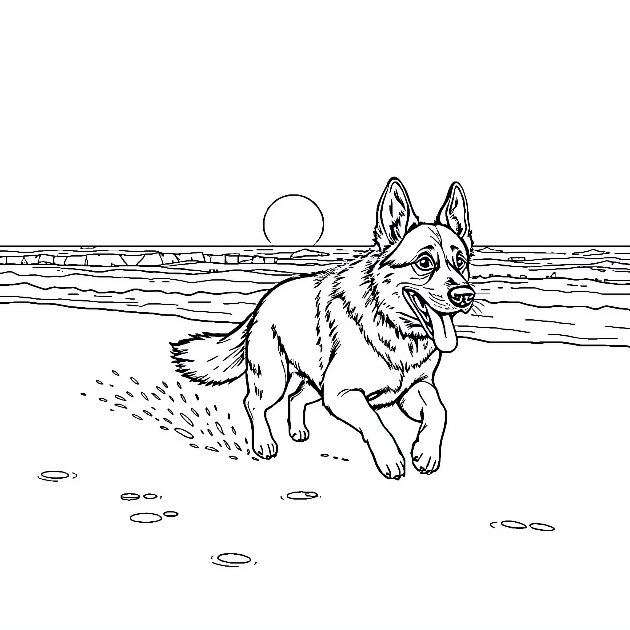 German Shepherd playing on the beach Coloring Page (free black-and-white line drawing printable PDF for all, from beginners to advanced learners, including children, teens, adults, and seniors)