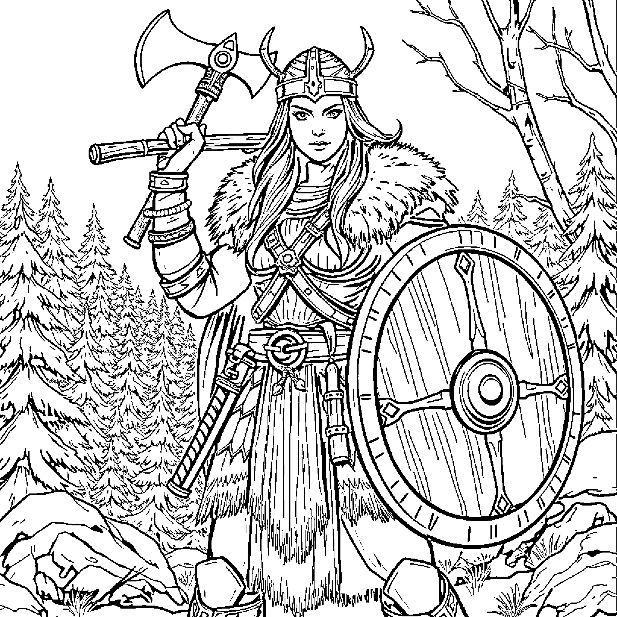 Viking Woman Standing Tall with Axe and Shield Coloring Page (free black-and-white line drawing printable PDF for all, from beginners to advanced learners, including children, teens, adults, and seniors)