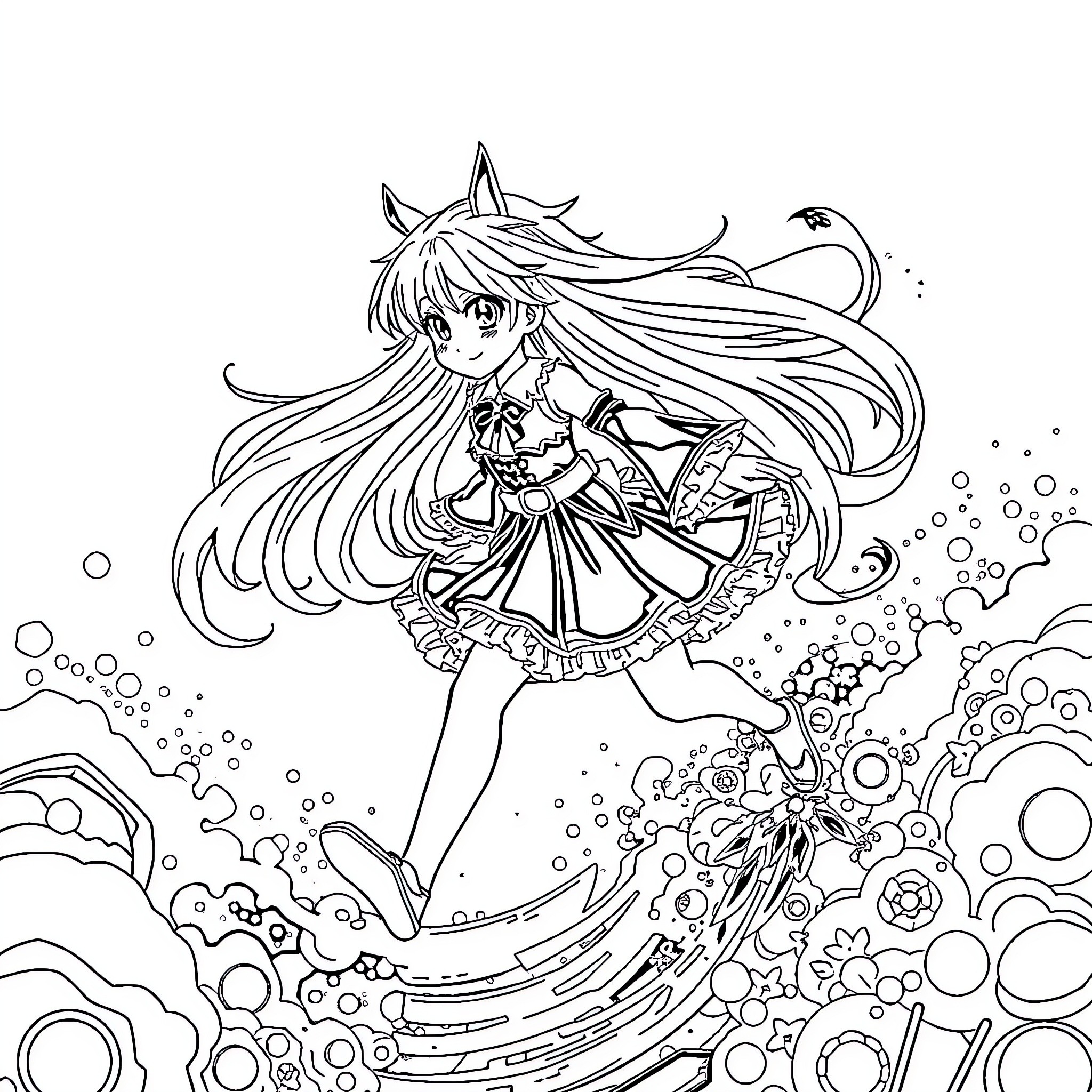 Furina's Magical Adventure in a Whimsical Wonderland Coloring Page (free black-and-white line drawing printable PDF for all, from beginners to advanced learners, including children, teens, adults, and seniors)