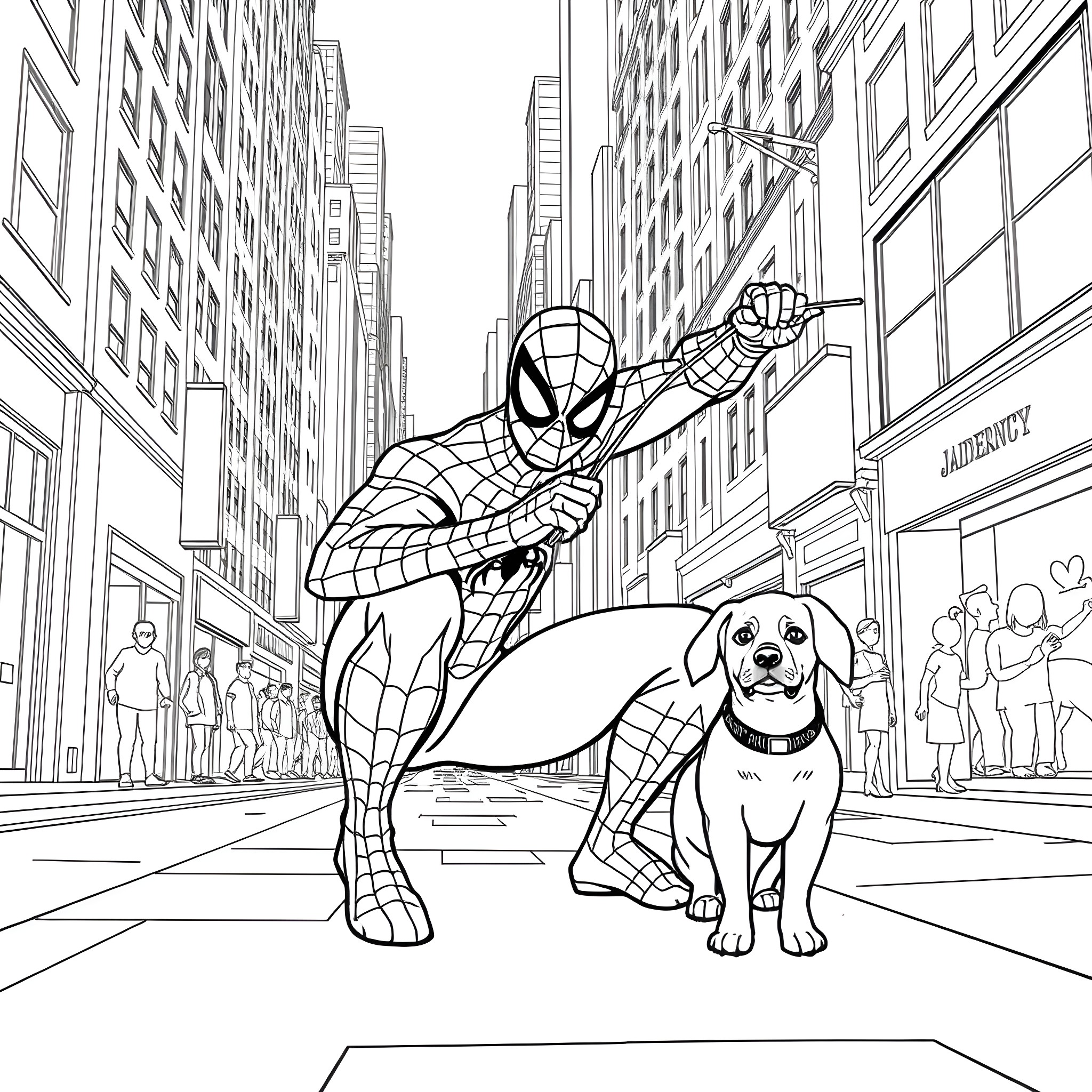Spiderman saving the day with a friendly pup Coloring Page (free black-and-white line drawing printable PDF for all, from beginners to advanced learners, including children, teens, adults, and seniors)