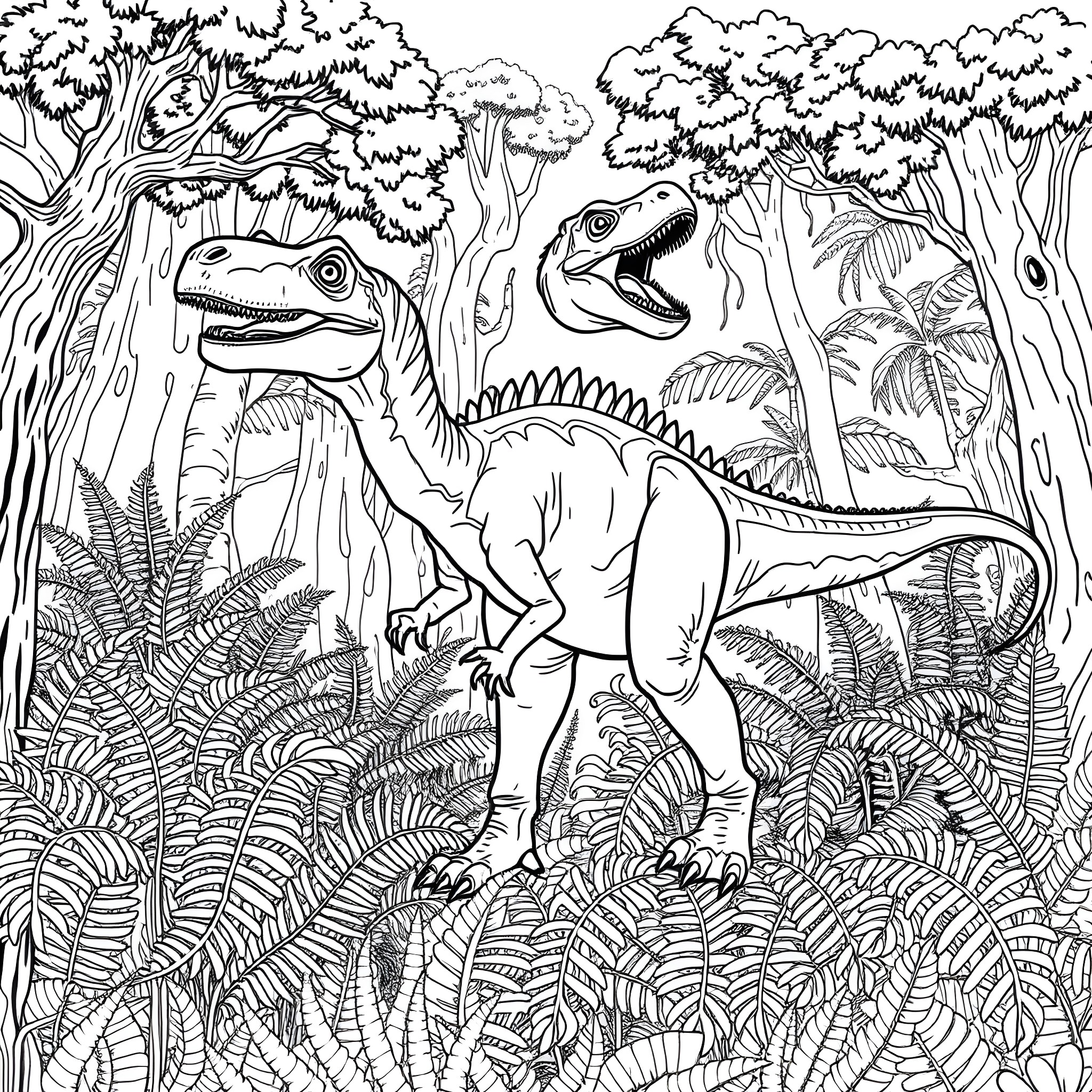 Wiehenvenator Dinosaurs in Lush Prehistoric Forest Coloring Page (free black-and-white line drawing printable PDF for all, from beginners to advanced learners, including children, teens, adults, and seniors)