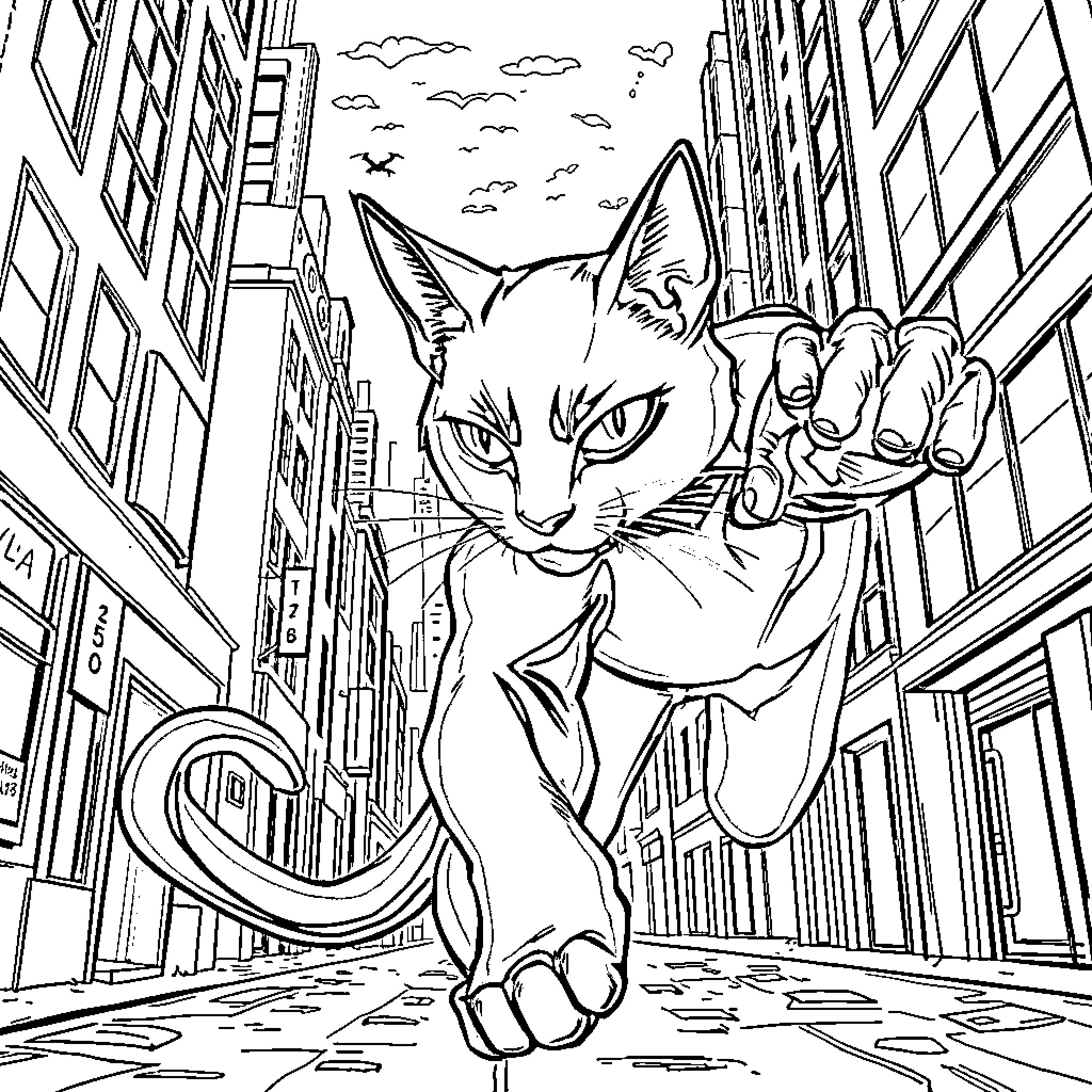 Cat exploring the city streets Coloring Page (free black-and-white line drawing printable PDF for all, from beginners to advanced learners, including children, teens, adults, and seniors)