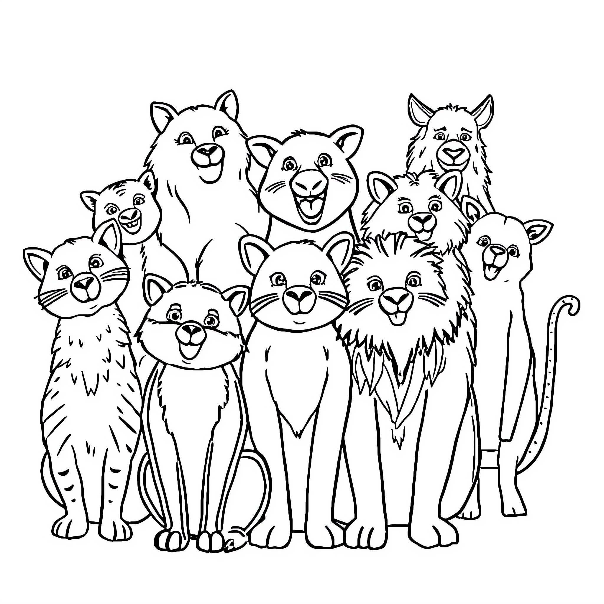 Animal group portrait of cheerful feline friends Coloring Page (free black-and-white line drawing printable PDF for all, from beginners to advanced learners, including children, teens, adults, and seniors)
