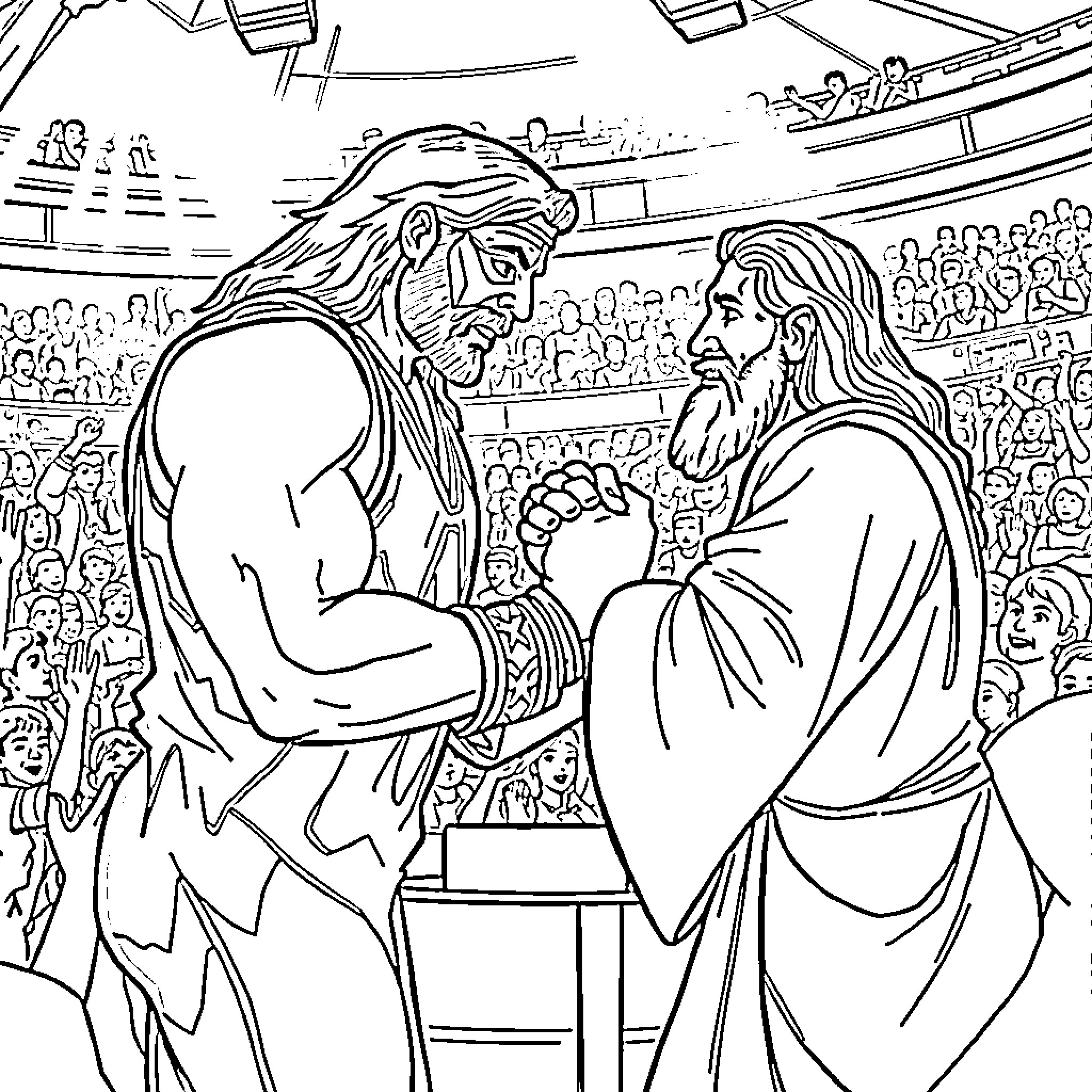 Macho Man Shakes Hands with Wise Leader in Arena Coloring Page (free black-and-white line drawing printable PDF for all, from beginners to advanced learners, including children, teens, adults, and seniors)