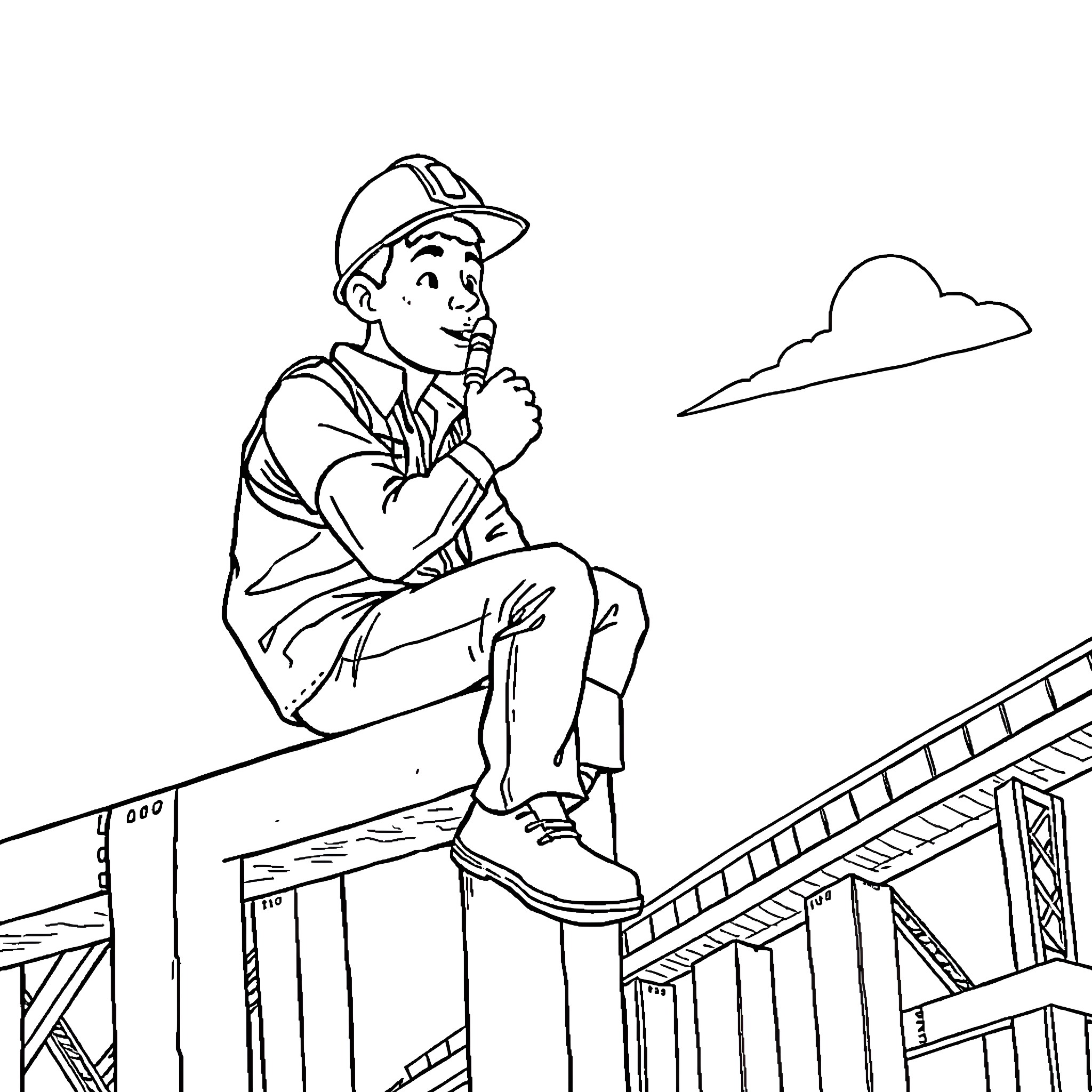 Iron Worker Inspecting Construction Site Coloring Page (free black-and-white line drawing printable PDF for all, from beginners to advanced learners, including children, teens, adults, and seniors)