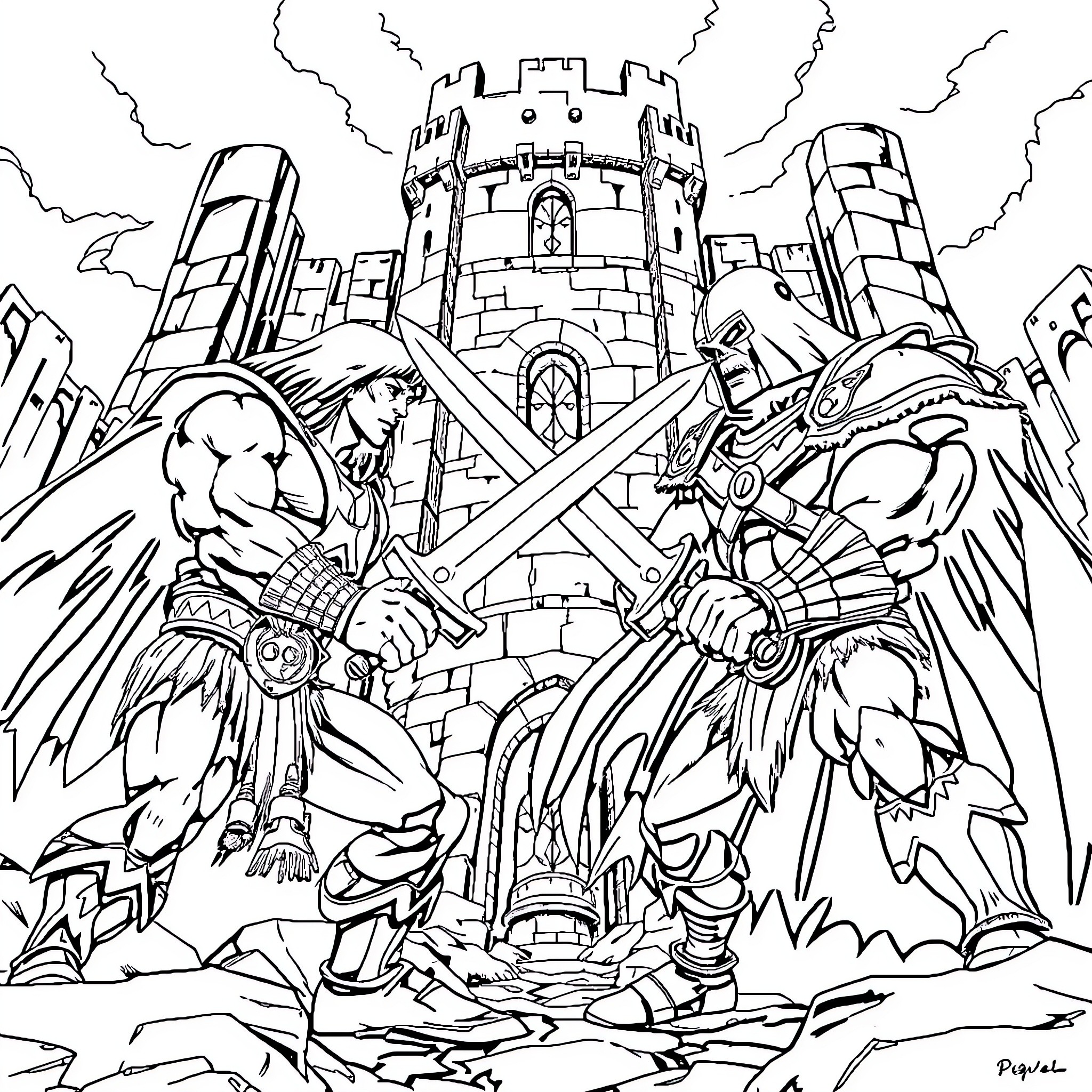 He-Man heroically battles foes at the Castle Grayskull Coloring Page (free black-and-white line drawing printable PDF for all, from beginners to advanced learners, including children, teens, adults, and seniors)