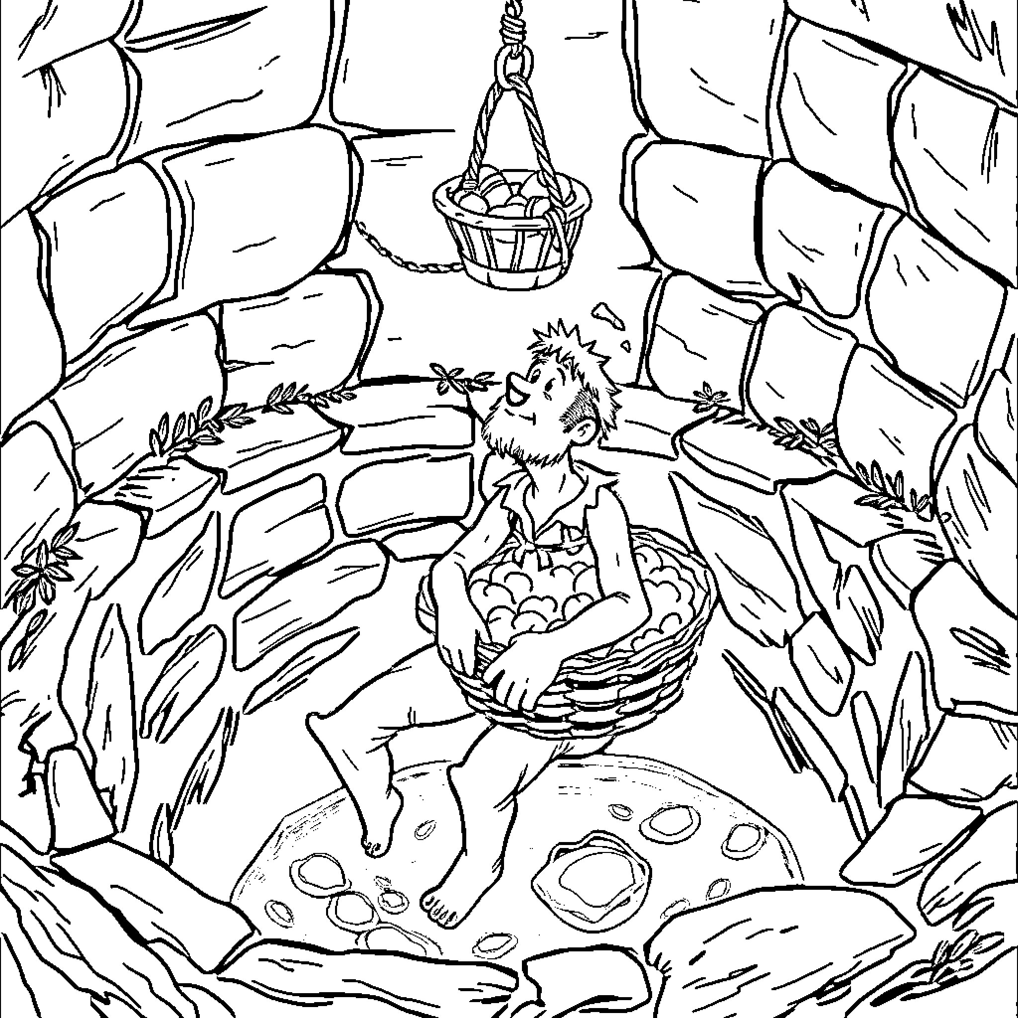 Joe Dirt Foraging for Edible Mushrooms in the Wilderness Coloring Page (free black-and-white line drawing printable PDF for all, from beginners to advanced learners, including children, teens, adults, and seniors)