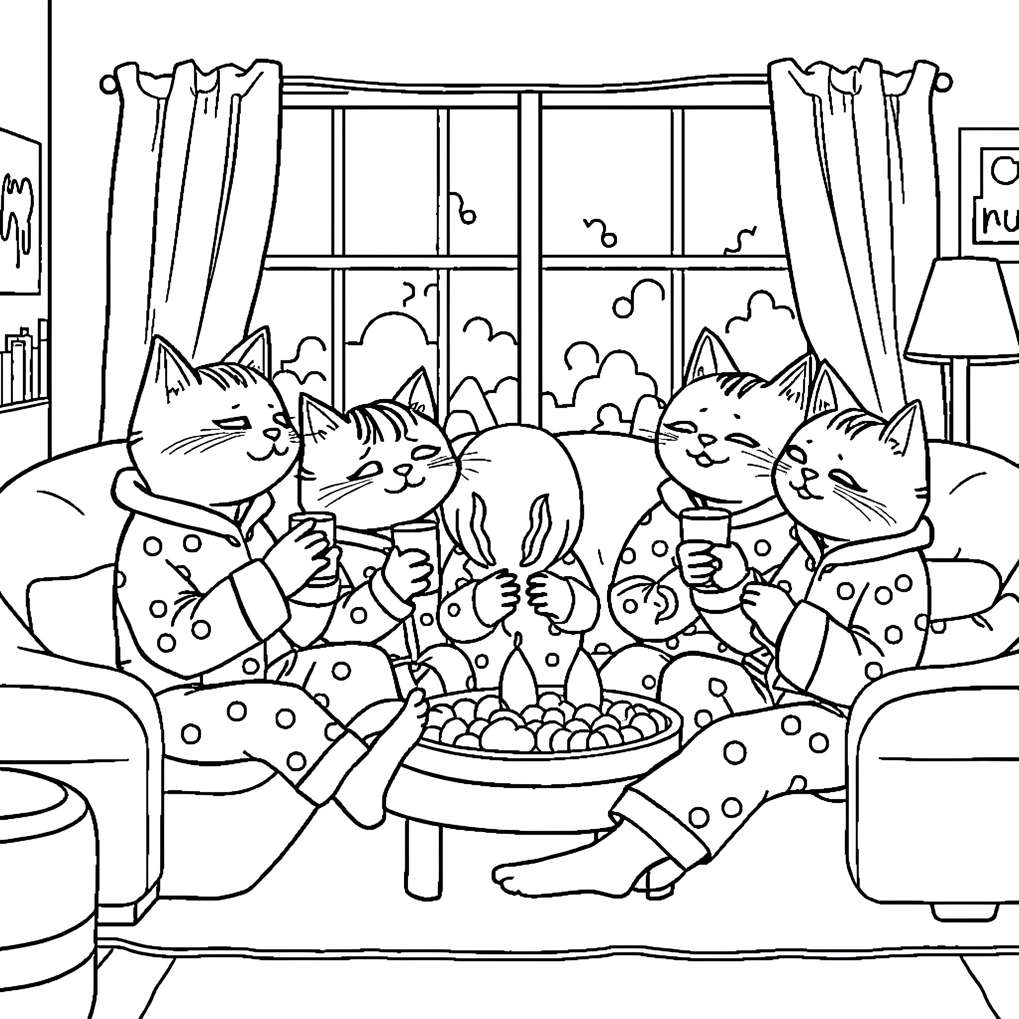 Cat-Human Cozy Gathering in Comfortable Setting Coloring Page (free black-and-white line drawing printable PDF for all, from beginners to advanced learners, including children, teens, adults, and seniors)
