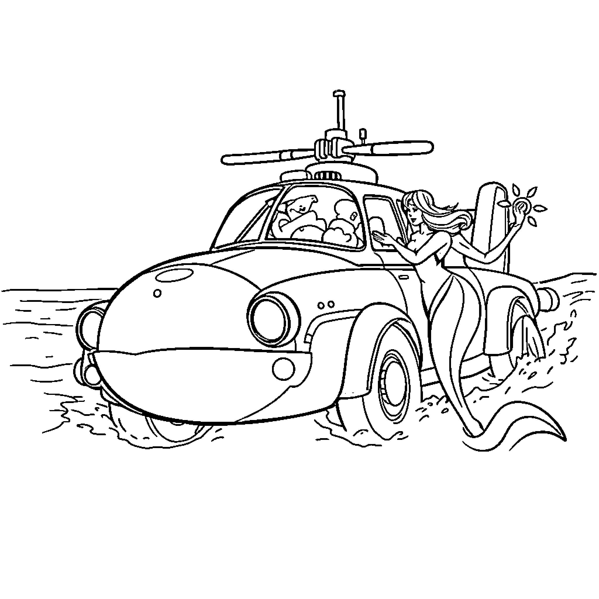 Fire Truck Rescuing Vehicle in Distress on Road Coloring Page (free black-and-white line drawing printable PDF for all, from beginners to advanced learners, including children, teens, adults, and seniors)