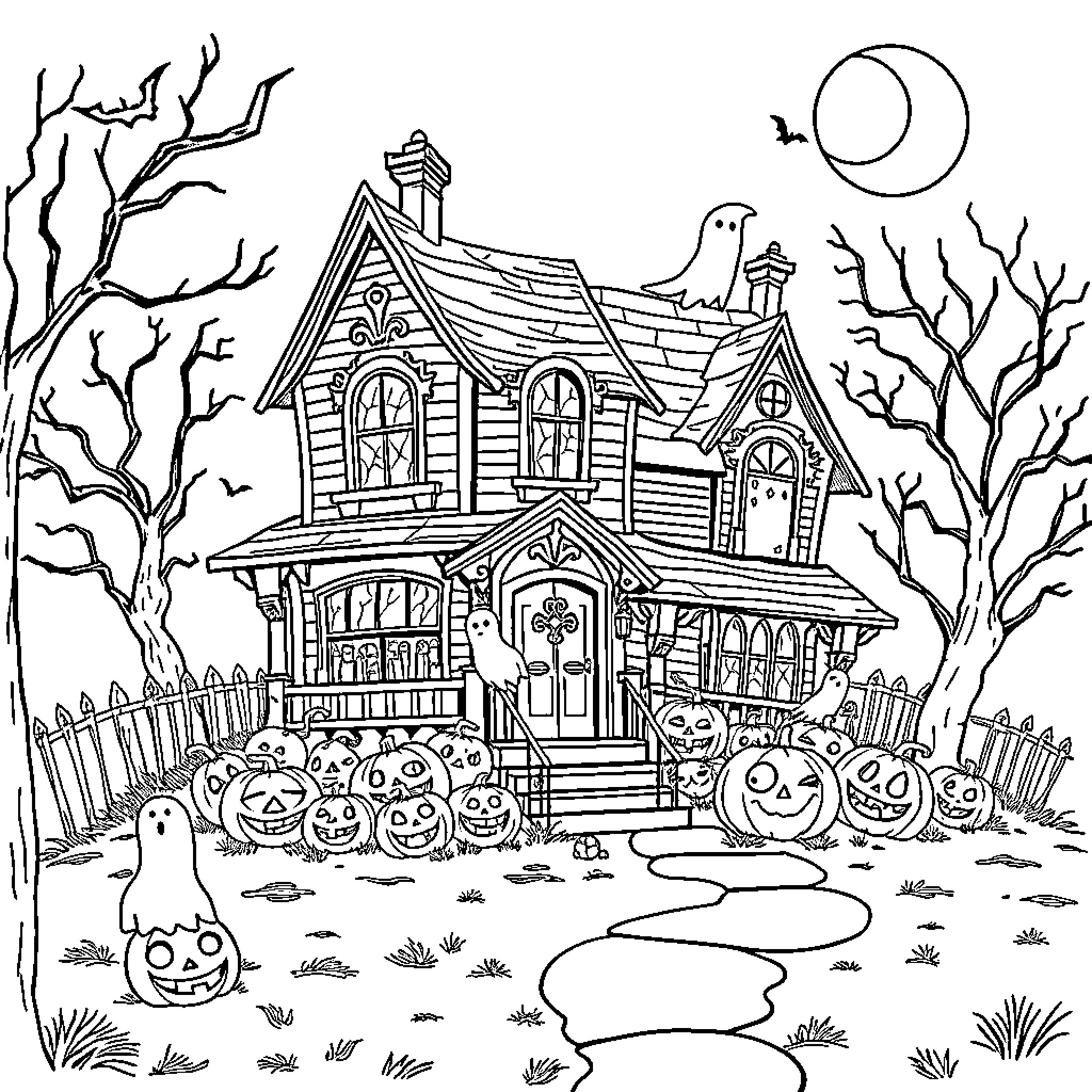 House with spooky decorations and carved pumpkins in the yard Coloring Page (free black-and-white line drawing printable PDF for all, from beginners to advanced learners, including children, teens, adults, and seniors)