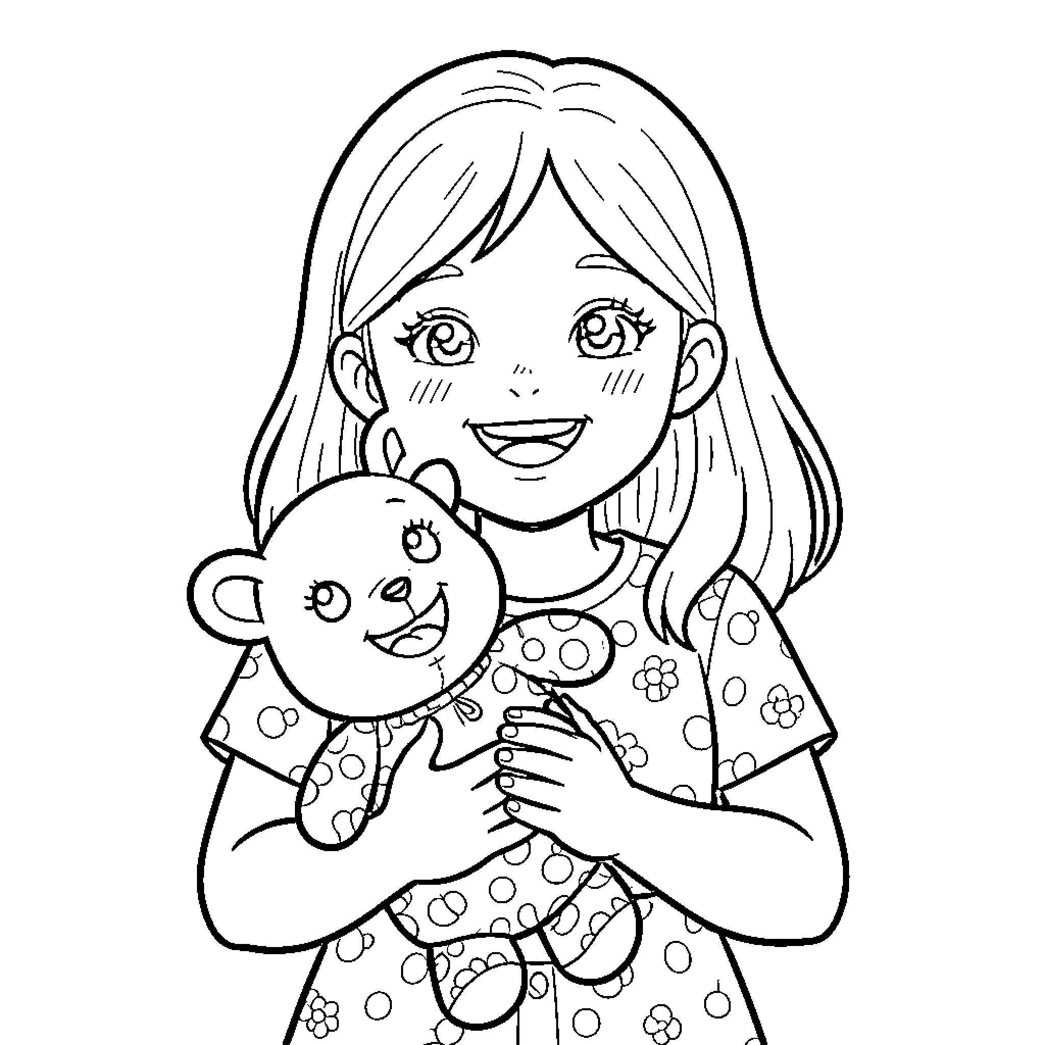 Girl hugging a stuffed animal cheerfully Coloring Page (free black-and-white line drawing printable PDF for all, from beginners to advanced learners, including children, teens, adults, and seniors)