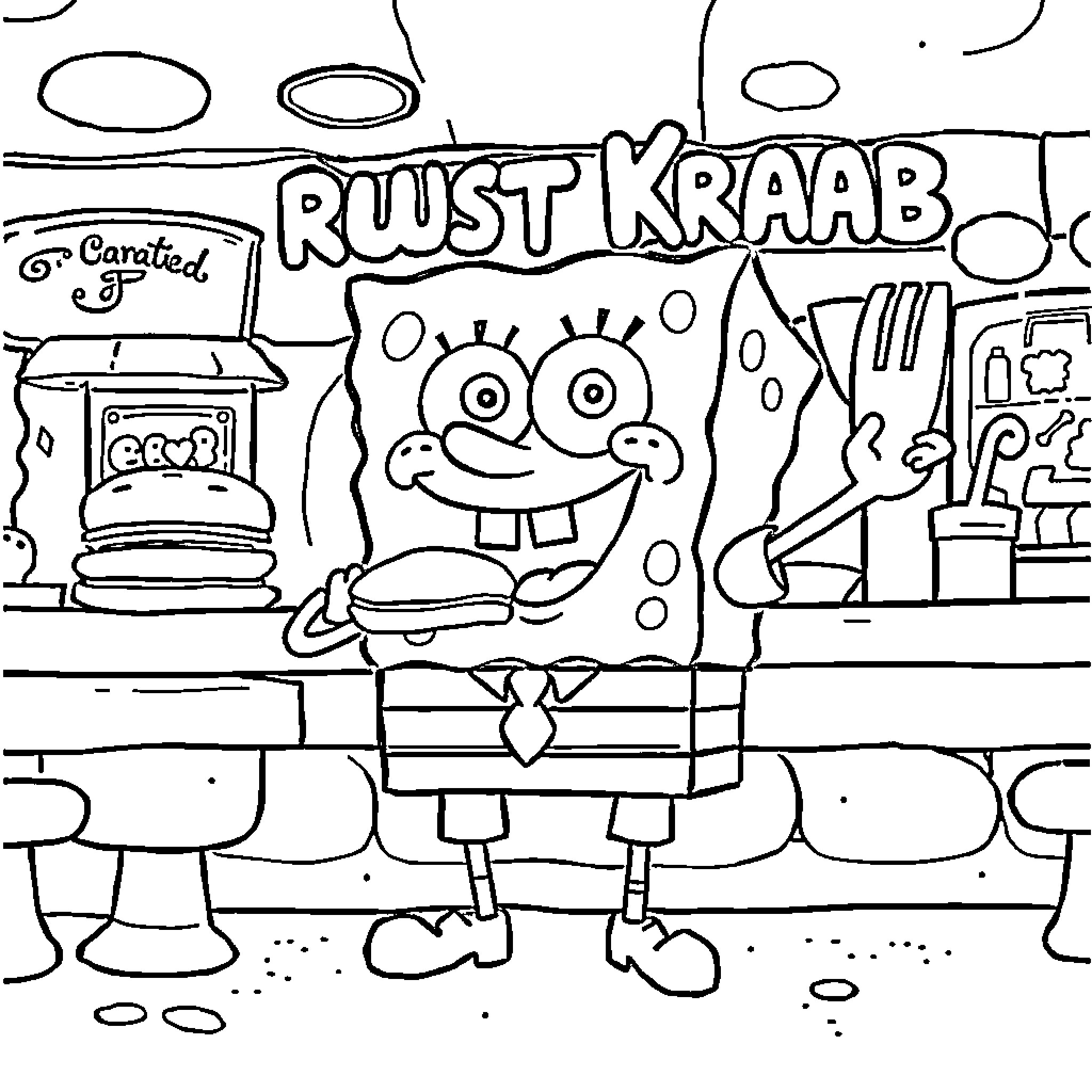 Spongebob enjoying a fun day at Rust Kraab's Coloring Page (free black-and-white line drawing printable PDF for all, from beginners to advanced learners, including children, teens, adults, and seniors)