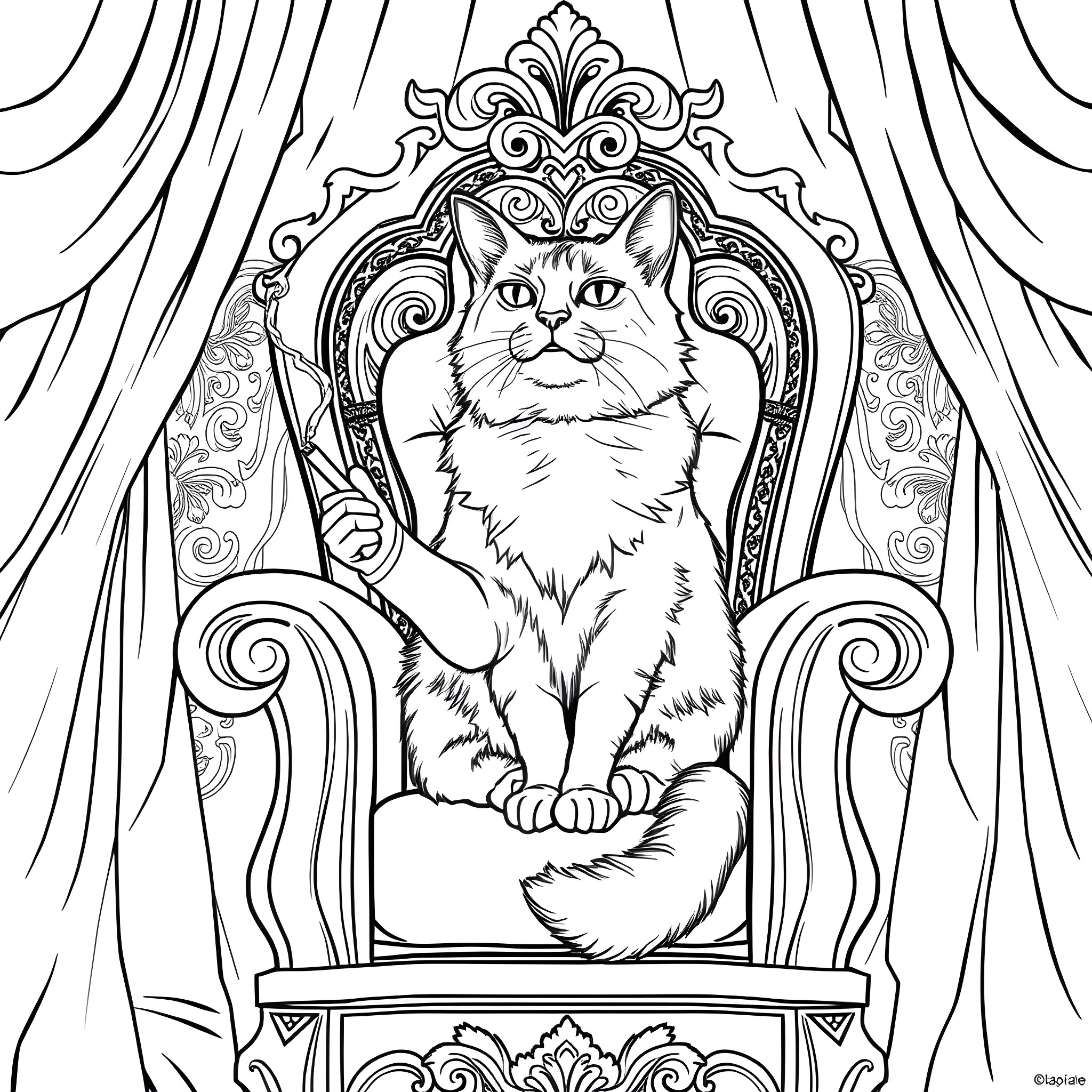 Cat in an Ornate Throne Coloring Page (free black-and-white line drawing printable PDF for all, from beginners to advanced learners, including children, teens, adults, and seniors)