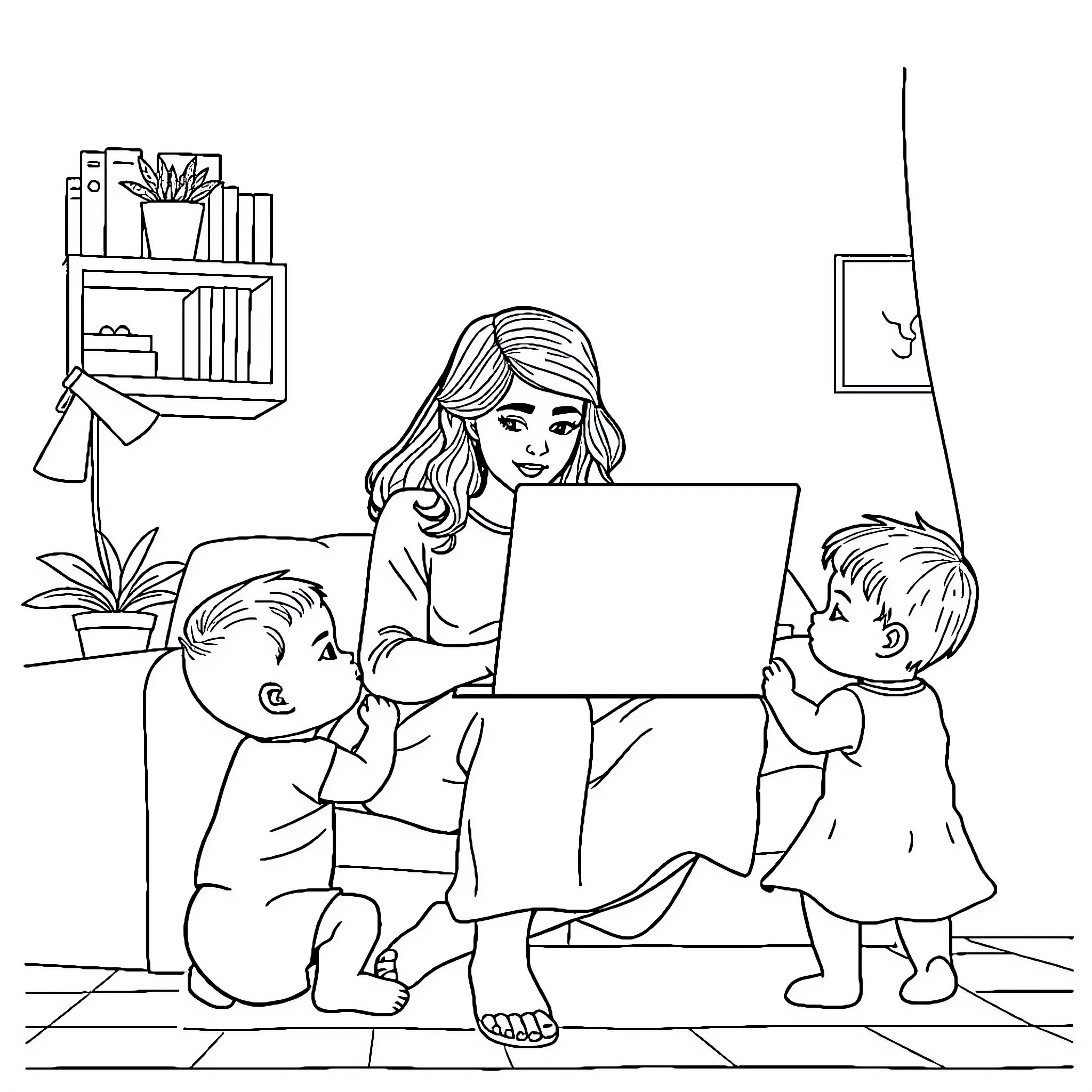 Mother teaching children on a laptop Coloring Page (free black-and-white line drawing printable PDF for all, from beginners to advanced learners, including children, teens, adults, and seniors)
