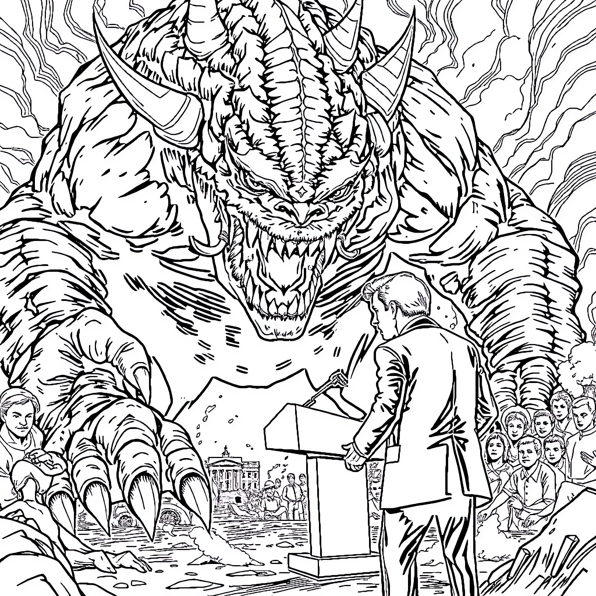 Monster rampaging through city and terrorizing citizens Coloring Page (free black-and-white line drawing printable PDF for all, from beginners to advanced learners, including children, teens, adults, and seniors)