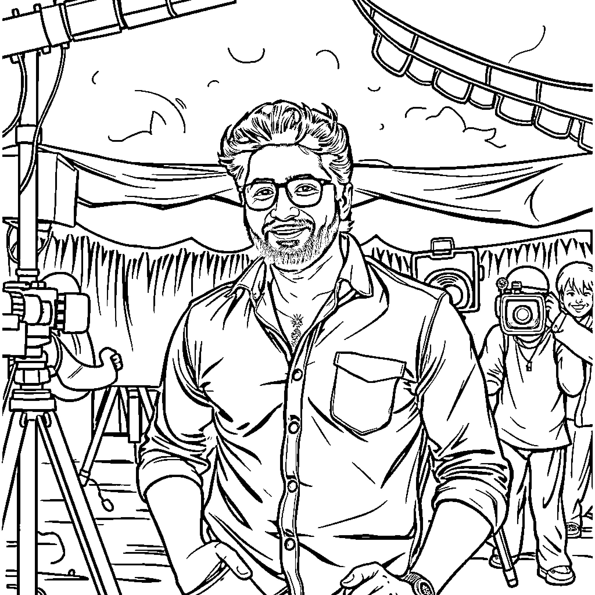 Kiccha Sudeep on the movie set Coloring Page (free black-and-white line drawing printable PDF for all, from beginners to advanced learners, including children, teens, adults, and seniors)