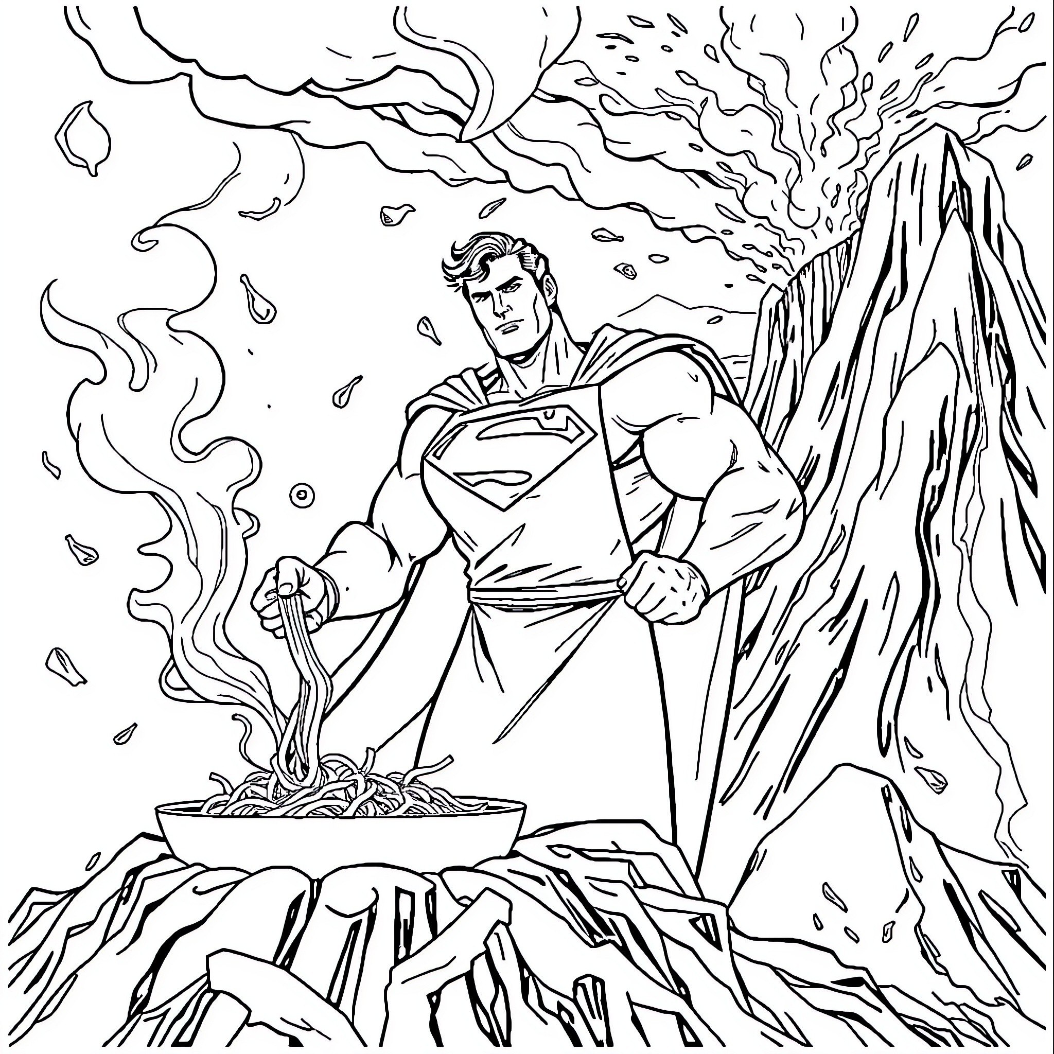 Superman unleashing his powers in a dramatic scene Coloring Page (free black-and-white line drawing printable PDF for all, from beginners to advanced learners, including children, teens, adults, and seniors)