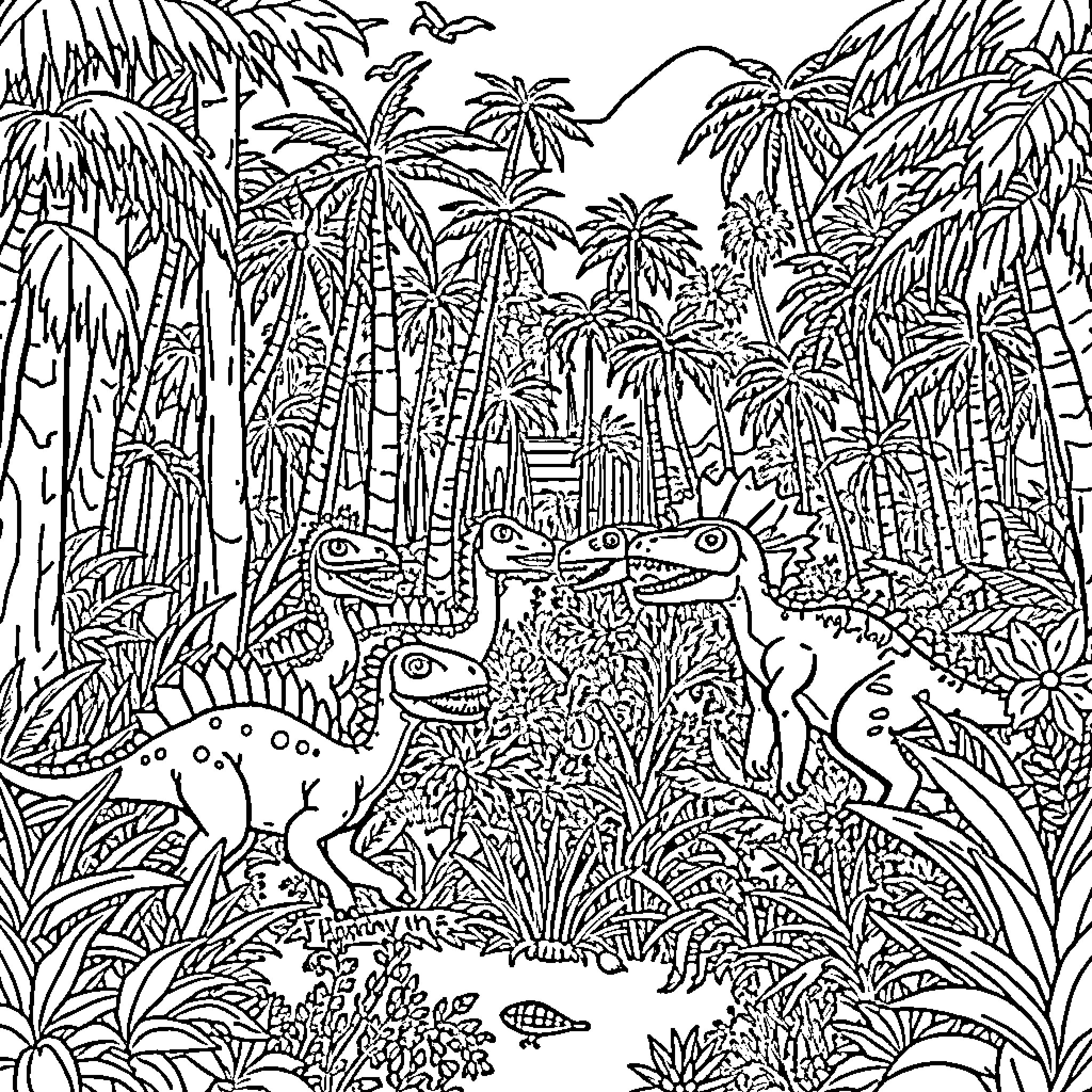 Dinosaurs exploring the lush, tropical jungle Coloring Page (free black-and-white line drawing printable PDF for all, from beginners to advanced learners, including children, teens, adults, and seniors)