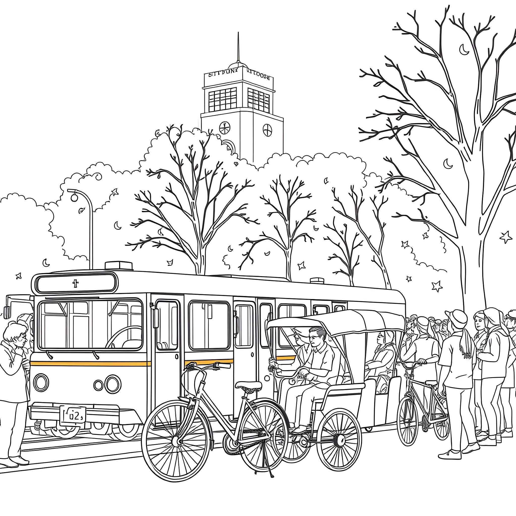 Vehicle transporting people on city streets Coloring Page (free black-and-white line drawing printable PDF for all, from beginners to advanced learners, including children, teens, adults, and seniors)