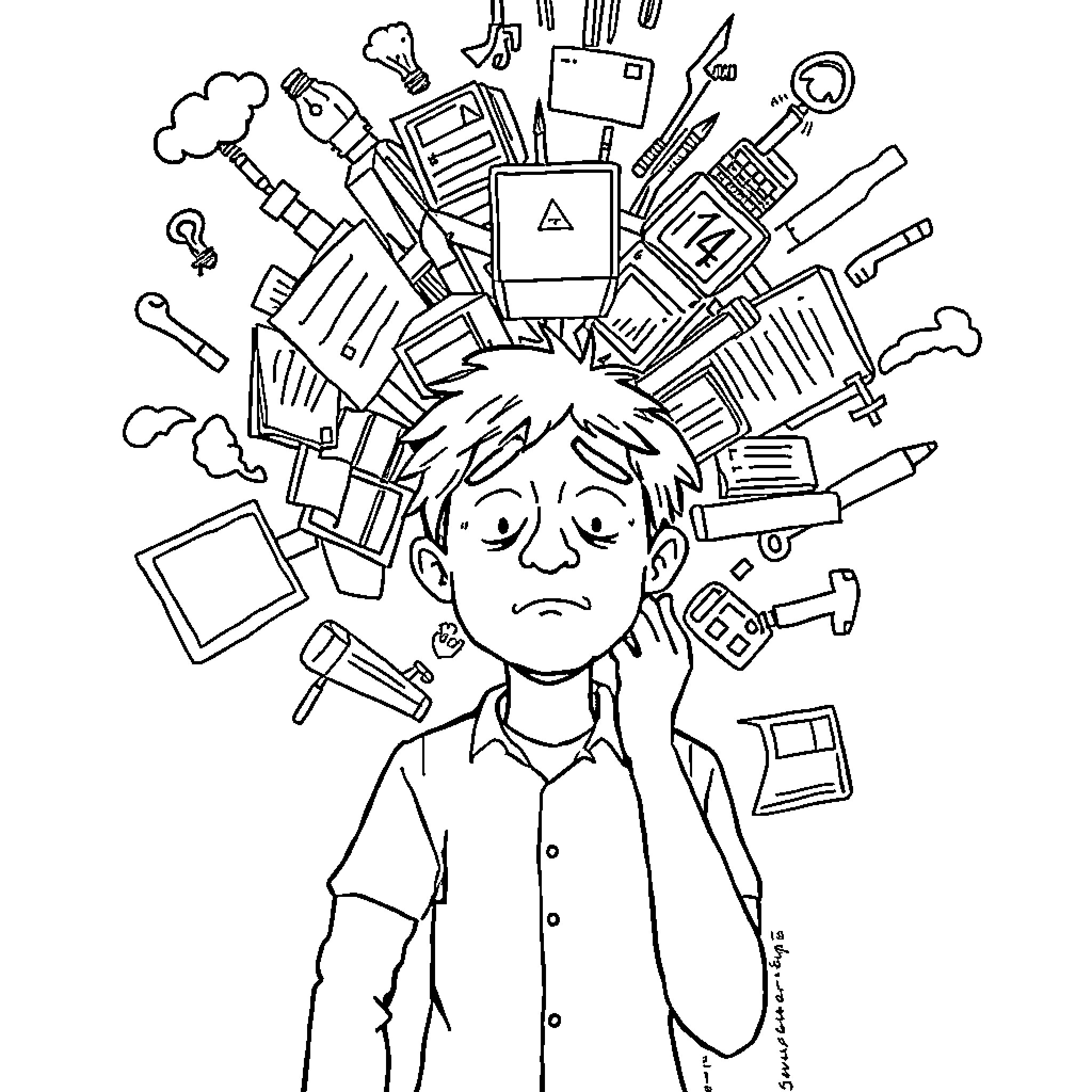 Overwhelmed with Responsibilities and Tasks Coloring Page (free black-and-white line drawing printable PDF for all, from beginners to advanced learners, including children, teens, adults, and seniors)