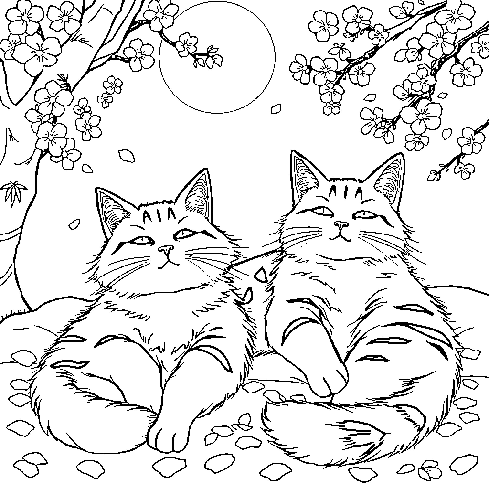 Cats enjoying spring blossoms Coloring Page (free black-and-white line drawing printable PDF for all, from beginners to advanced learners, including children, teens, adults, and seniors)