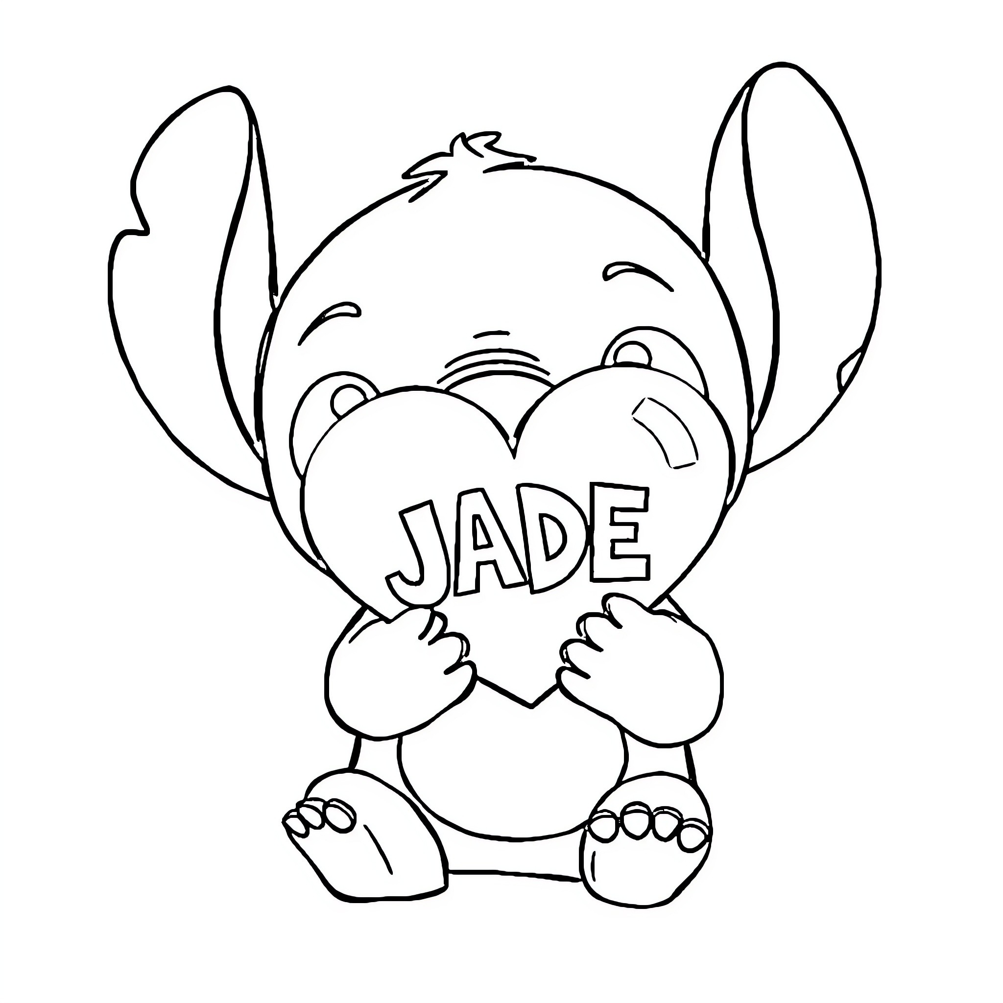 Stitch holding a heart with 'Jade' written on it Coloring Page (free black-and-white line drawing printable PDF for all, from beginners to advanced learners, including children, teens, adults, and seniors)