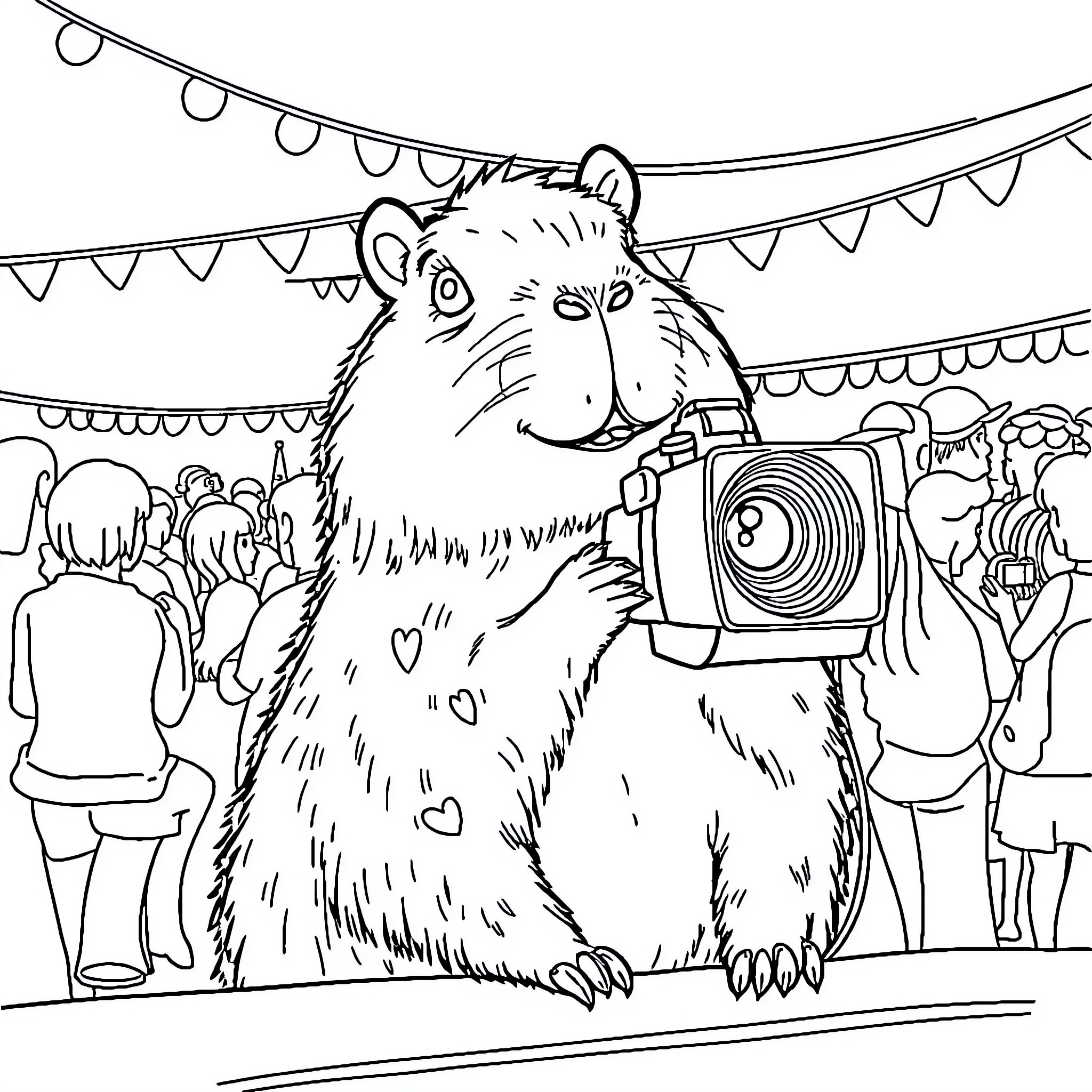 Capybara enjoying a festive celebration Coloring Page (free black-and-white line drawing printable PDF for all, from beginners to advanced learners, including children, teens, adults, and seniors)