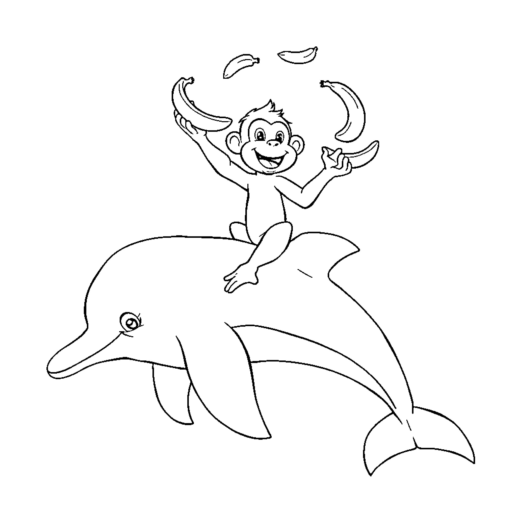 Monkey playing joyfully with dolphins Coloring Page (free black-and-white line drawing printable PDF for all, from beginners to advanced learners, including children, teens, adults, and seniors)