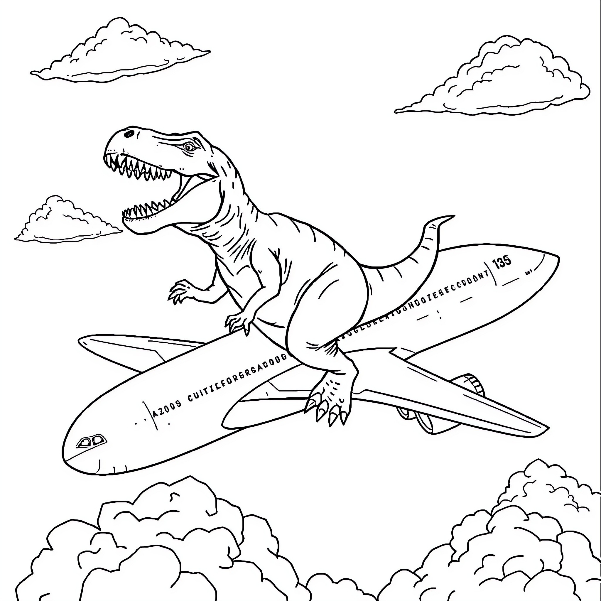 T-Rex Soaring Through the Skies on Jet Coloring Page (free black-and-white line drawing printable PDF for all, from beginners to advanced learners, including children, teens, adults, and seniors)
