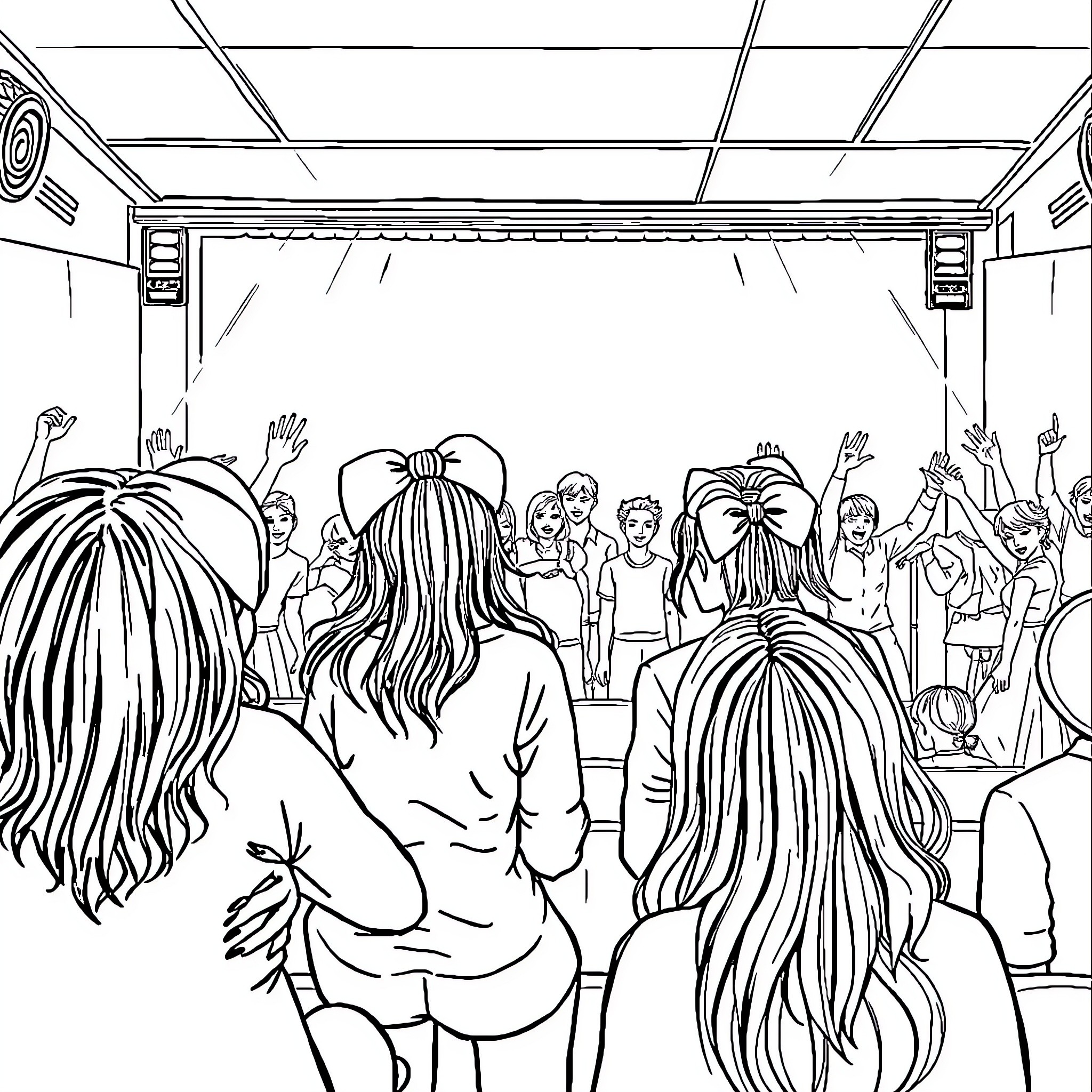 Rumi's fans attend a lively event Coloring Page (free black-and-white line drawing printable PDF for all, from beginners to advanced learners, including children, teens, adults, and seniors)