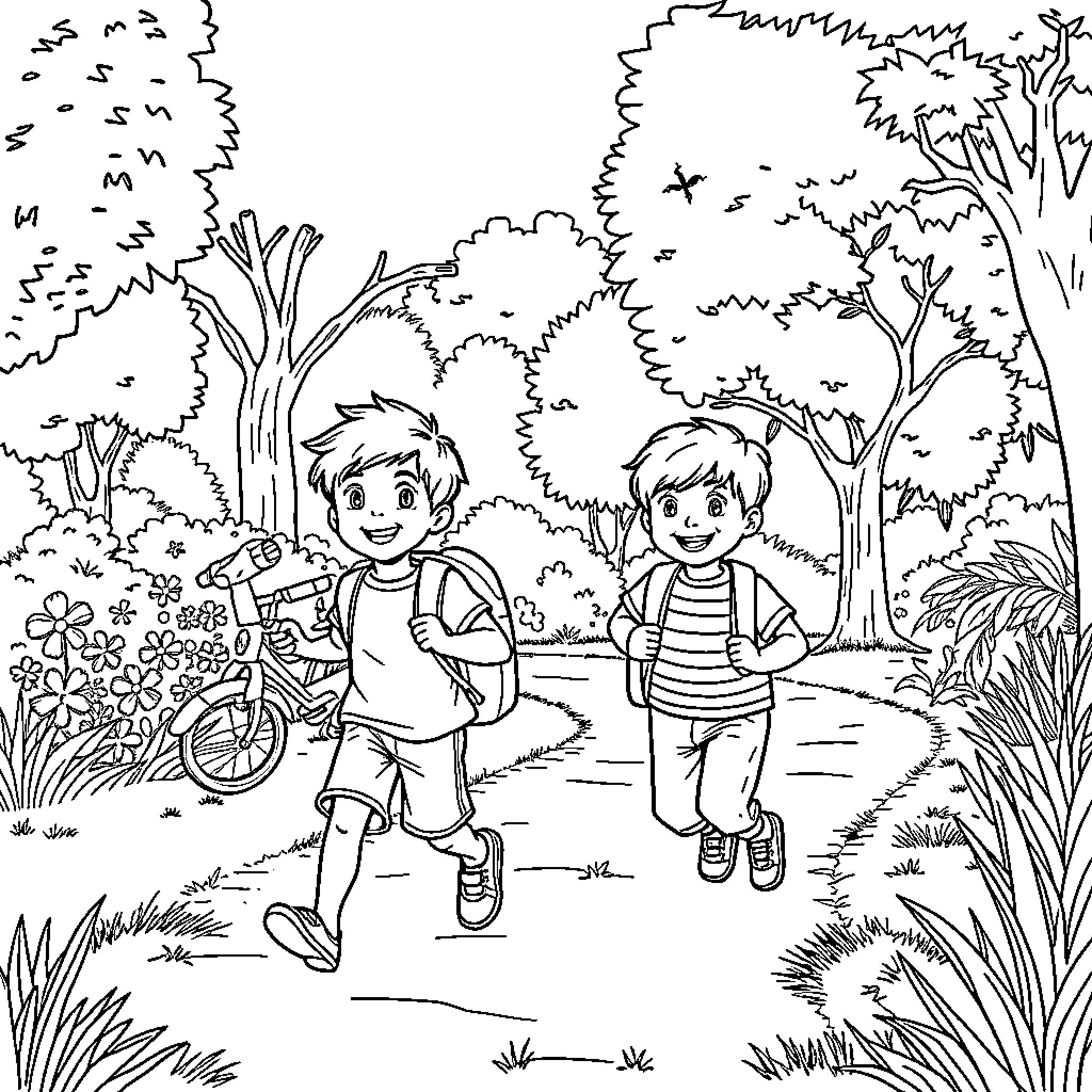 Boy exploring the forest with his friend Coloring Page (free black-and-white line drawing printable PDF for all, from beginners to advanced learners, including children, teens, adults, and seniors)