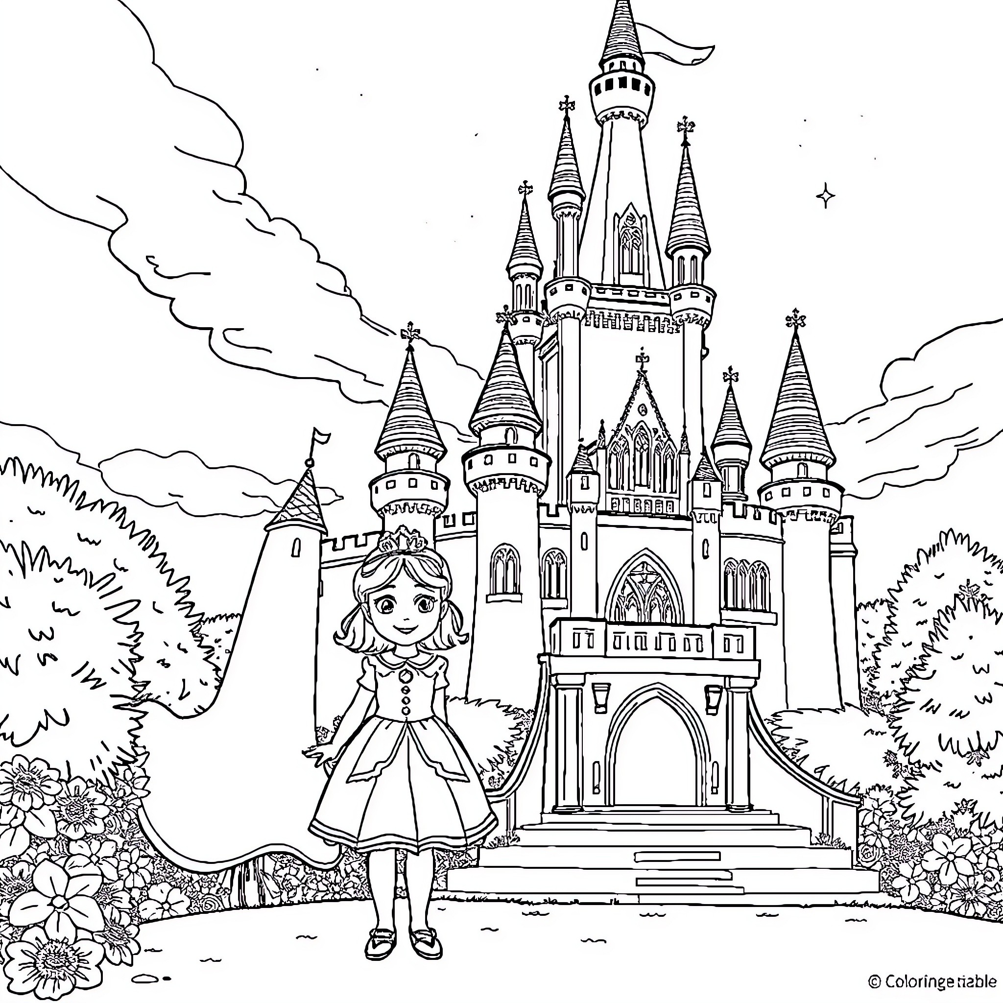 Princess in front of a majestic castle Coloring Page (free black-and-white line drawing printable PDF for all, from beginners to advanced learners, including children, teens, adults, and seniors)
