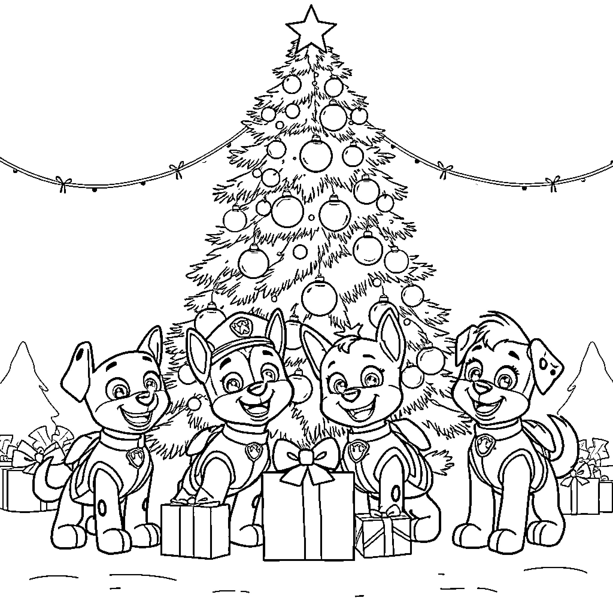 Paw Patrol characters celebrating Christmas around a tree Coloring Page (free black-and-white line drawing printable PDF for all, from beginners to advanced learners, including children, teens, adults, and seniors)