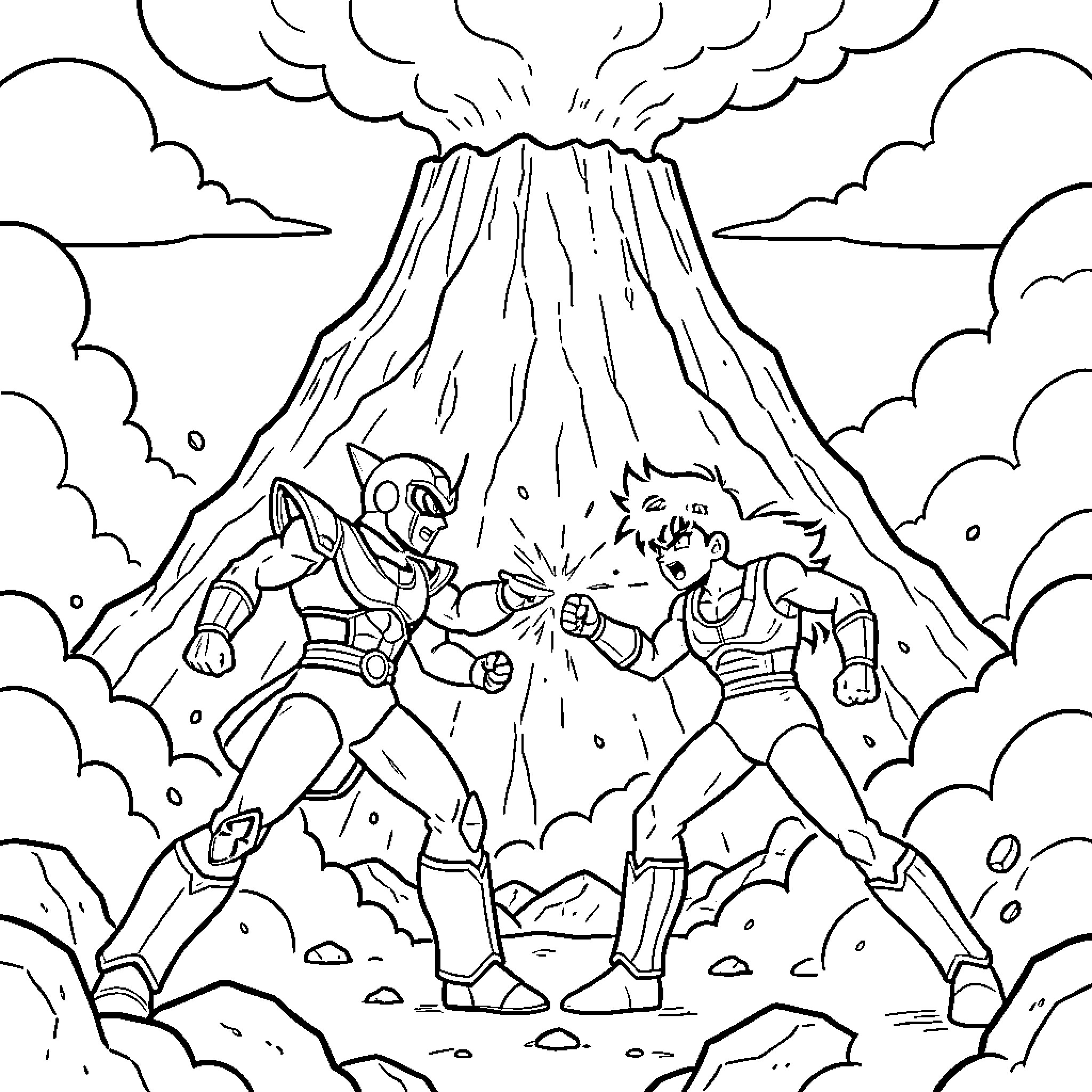 Goldorak characters facing off before an erupting volcano Coloring Page (free black-and-white line drawing printable PDF for all, from beginners to advanced learners, including children, teens, adults, and seniors)
