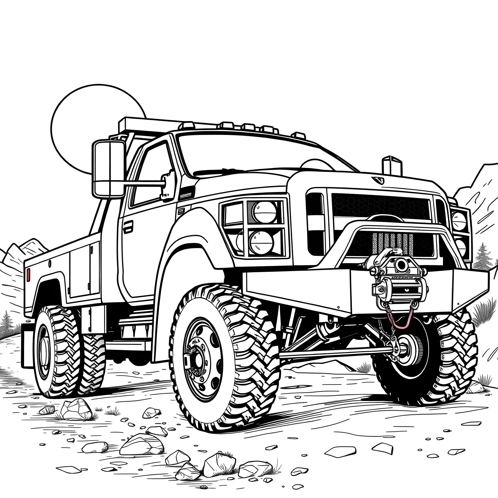 Wrecker Truck Rescuing Rugged Vehicle in Offroad Terrain Coloring Page (free black-and-white line drawing printable PDF for all, from beginners to advanced learners, including children, teens, adults, and seniors)
