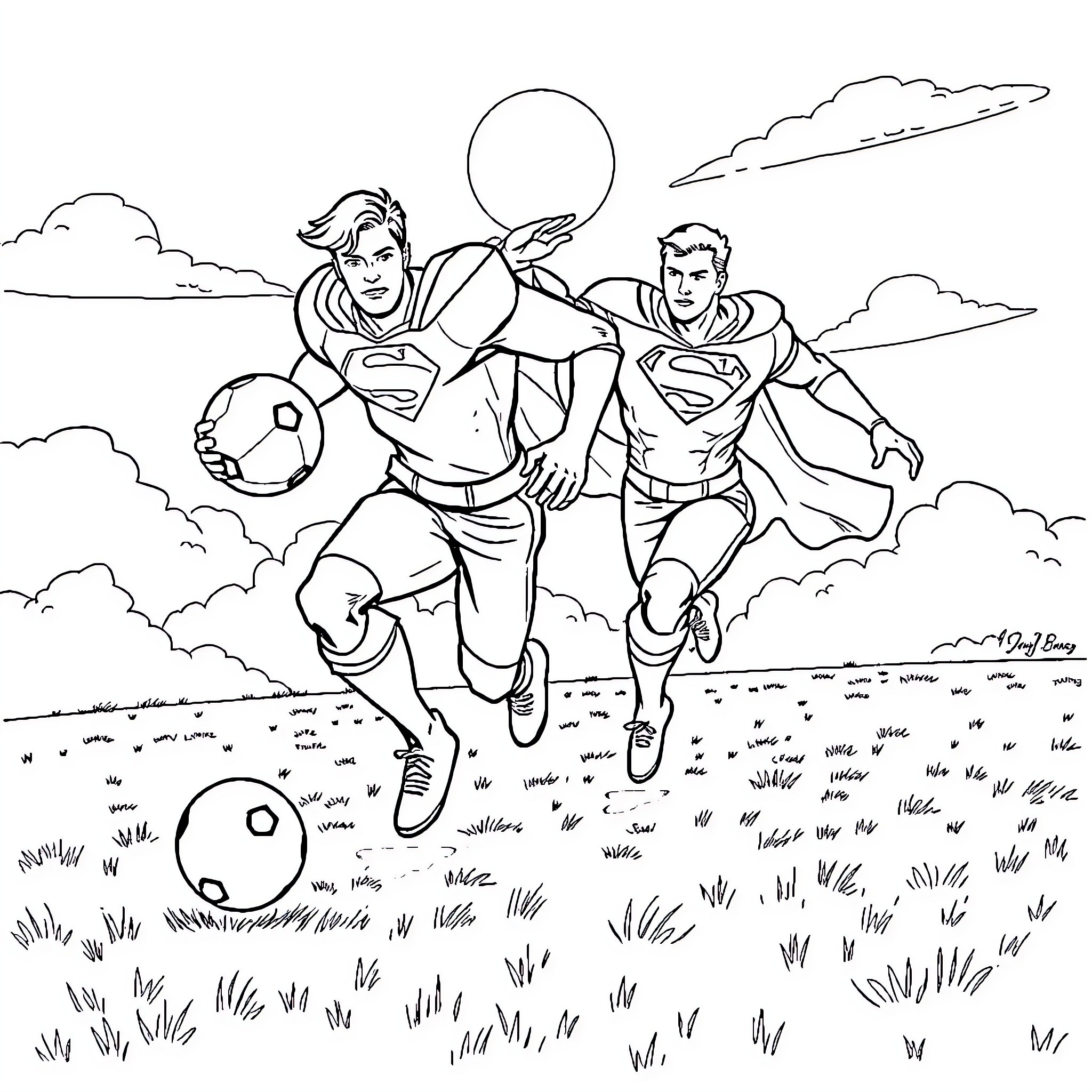 Superman heroes in action running with soccer balls Coloring Page (free black-and-white line drawing printable PDF for all, from beginners to advanced learners, including children, teens, adults, and seniors)