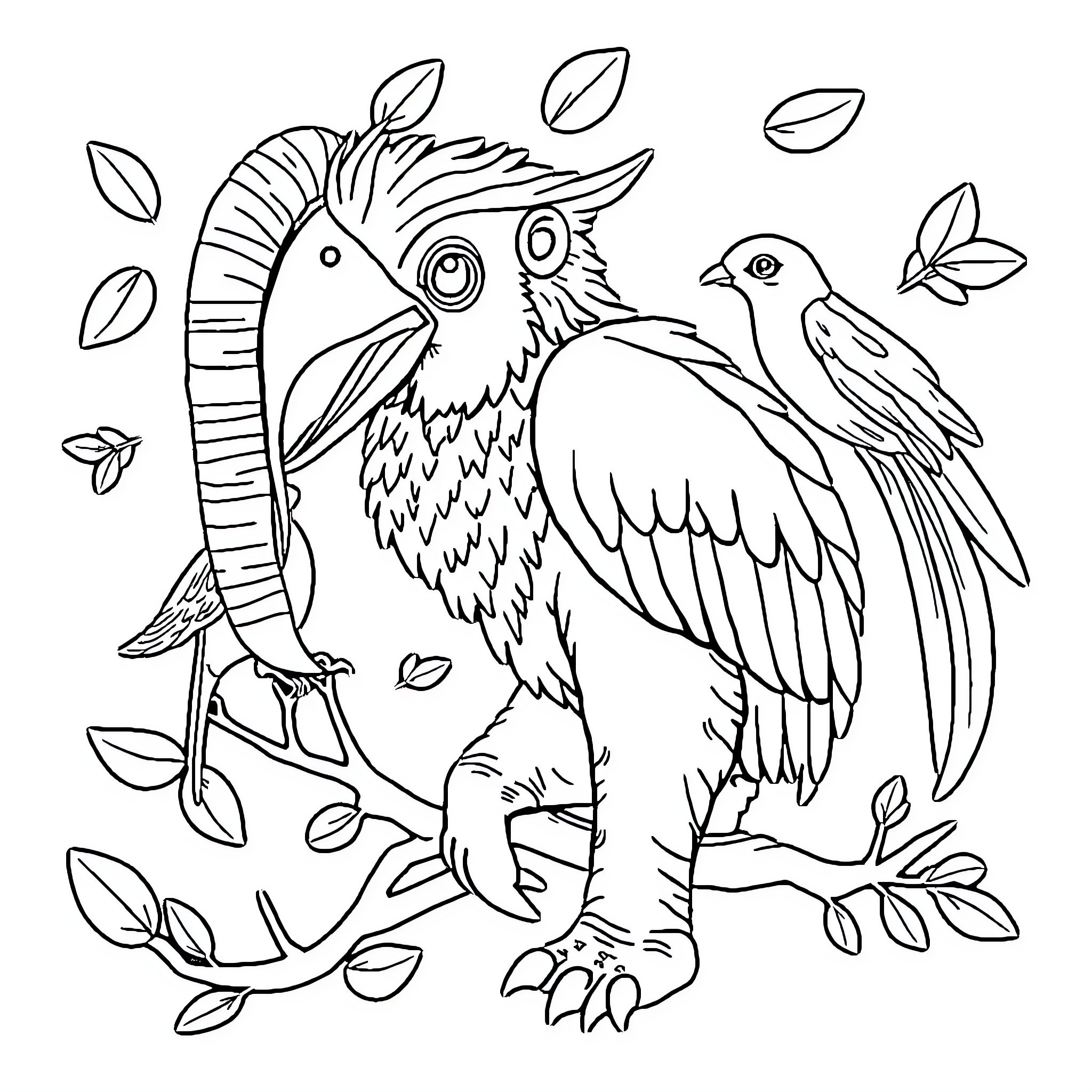 Animal fantasy birds surrounded by leaves Coloring Page (free black-and-white line drawing printable PDF for all, from beginners to advanced learners, including children, teens, adults, and seniors)