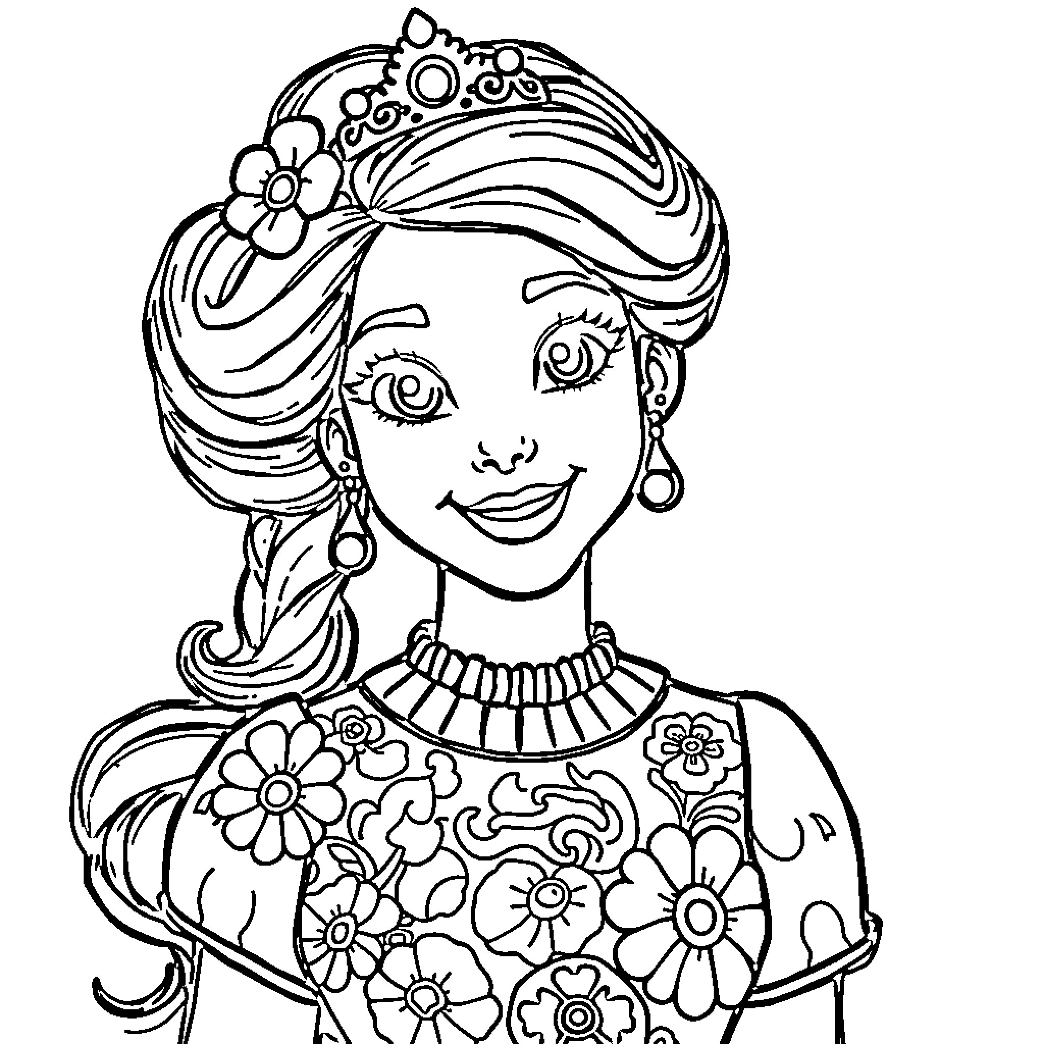 Princess adorned with floral patterns and jewelry Coloring Page (free black-and-white line drawing printable PDF for all, from beginners to advanced learners, including children, teens, adults, and seniors)