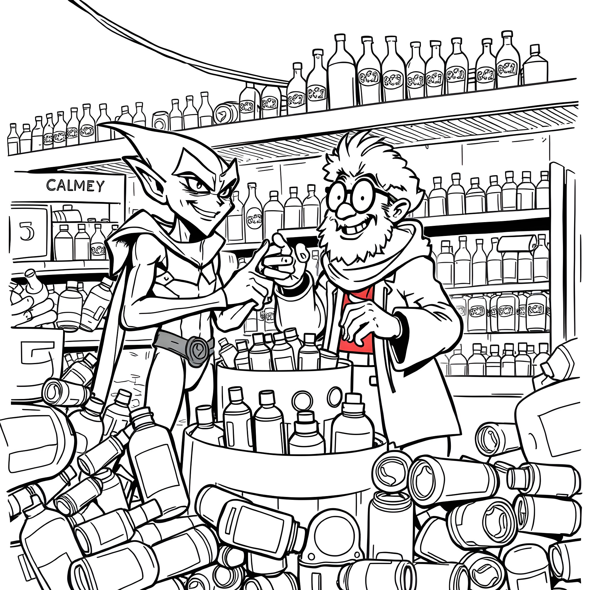 Goblin bartenders mixing drinks in a crowded bar Coloring Page (free black-and-white line drawing printable PDF for all, from beginners to advanced learners, including children, teens, adults, and seniors)