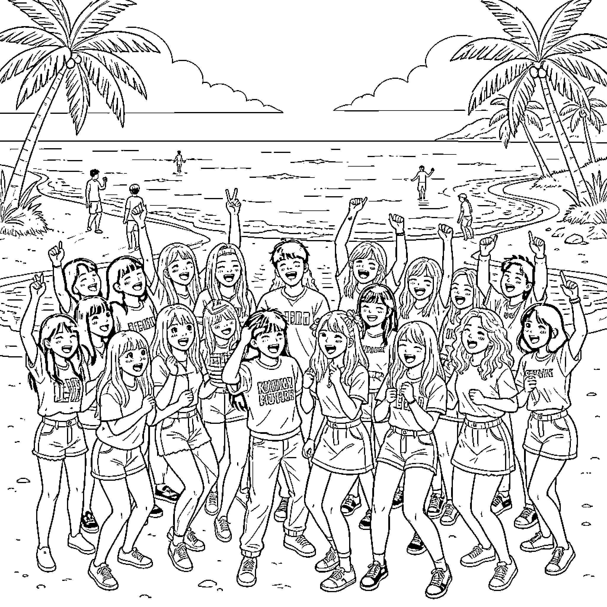 K-pop Hunter group celebrating joyfully on a tropical beach Coloring Page (free black-and-white line drawing printable PDF for all, from beginners to advanced learners, including children, teens, adults, and seniors)