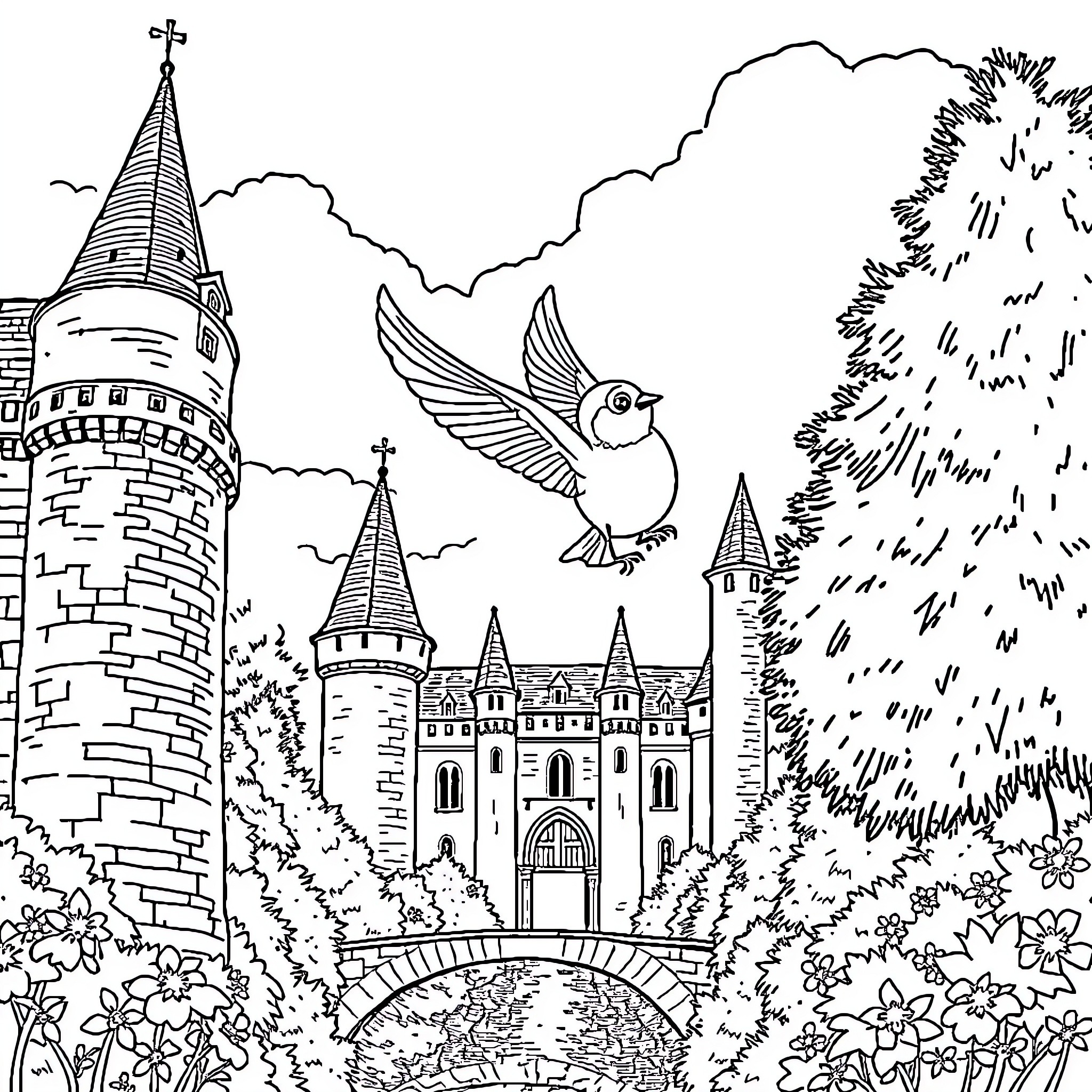 Mouse explores medieval castle with flying bird Coloring Page (free black-and-white line drawing printable PDF for all, from beginners to advanced learners, including children, teens, adults, and seniors)