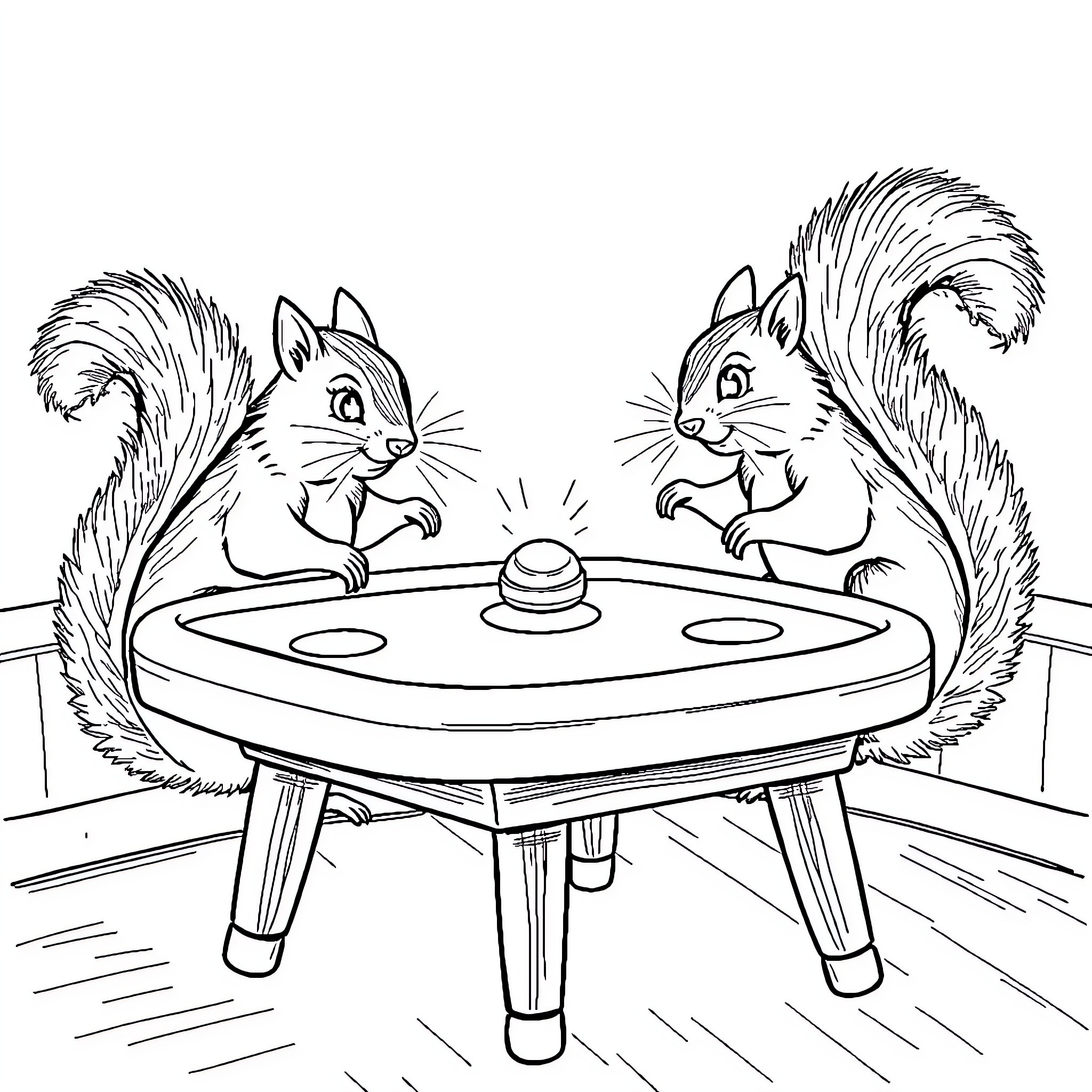 Squirrels playing with a spinning top Coloring Page (free black-and-white line drawing printable PDF for all, from beginners to advanced learners, including children, teens, adults, and seniors)